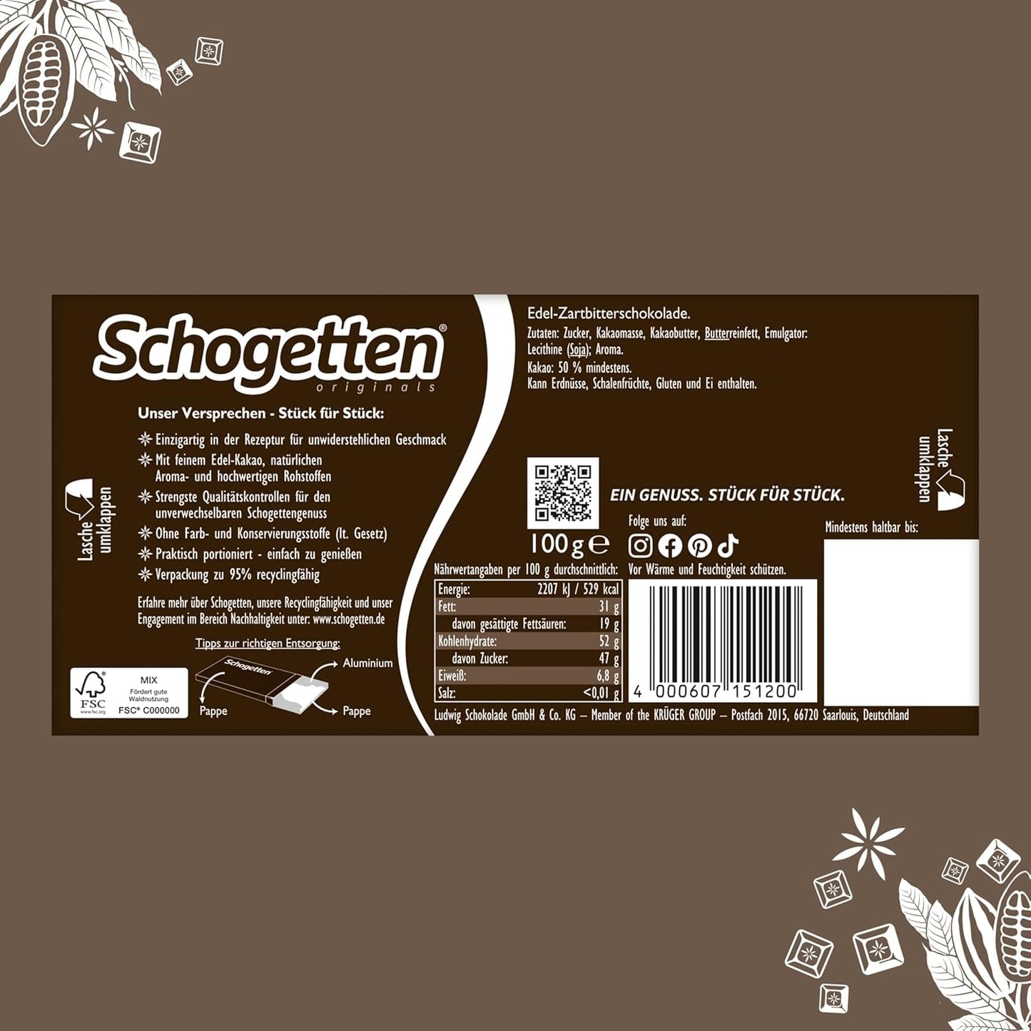 Schotetten pure chocolade (50% cacao), 100 g