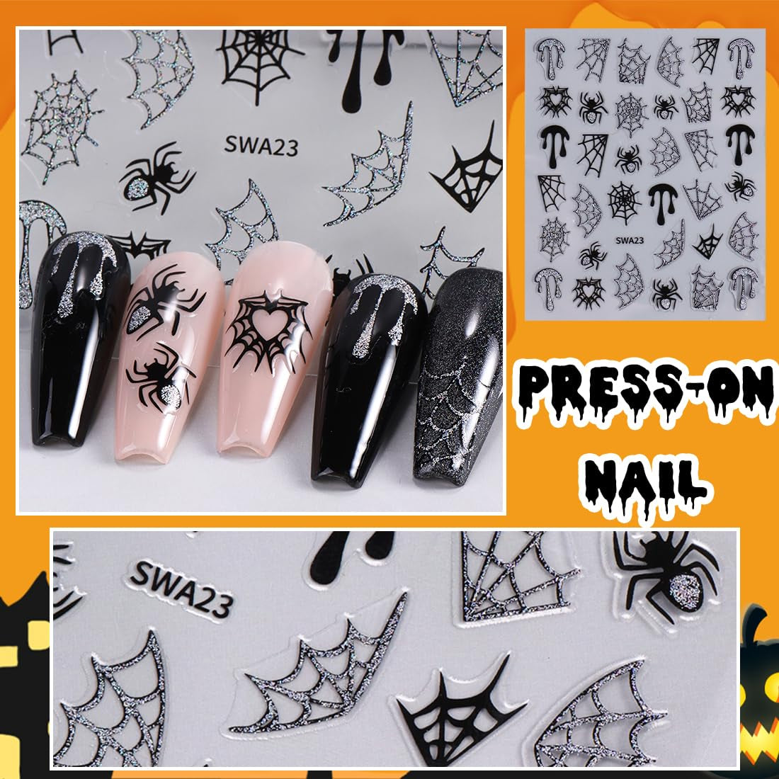 5 stuks Halloween 3D nagelstickers, 5D stereoscopische nagelstickers, nageldecoraties, nagelontwerpaccessoires