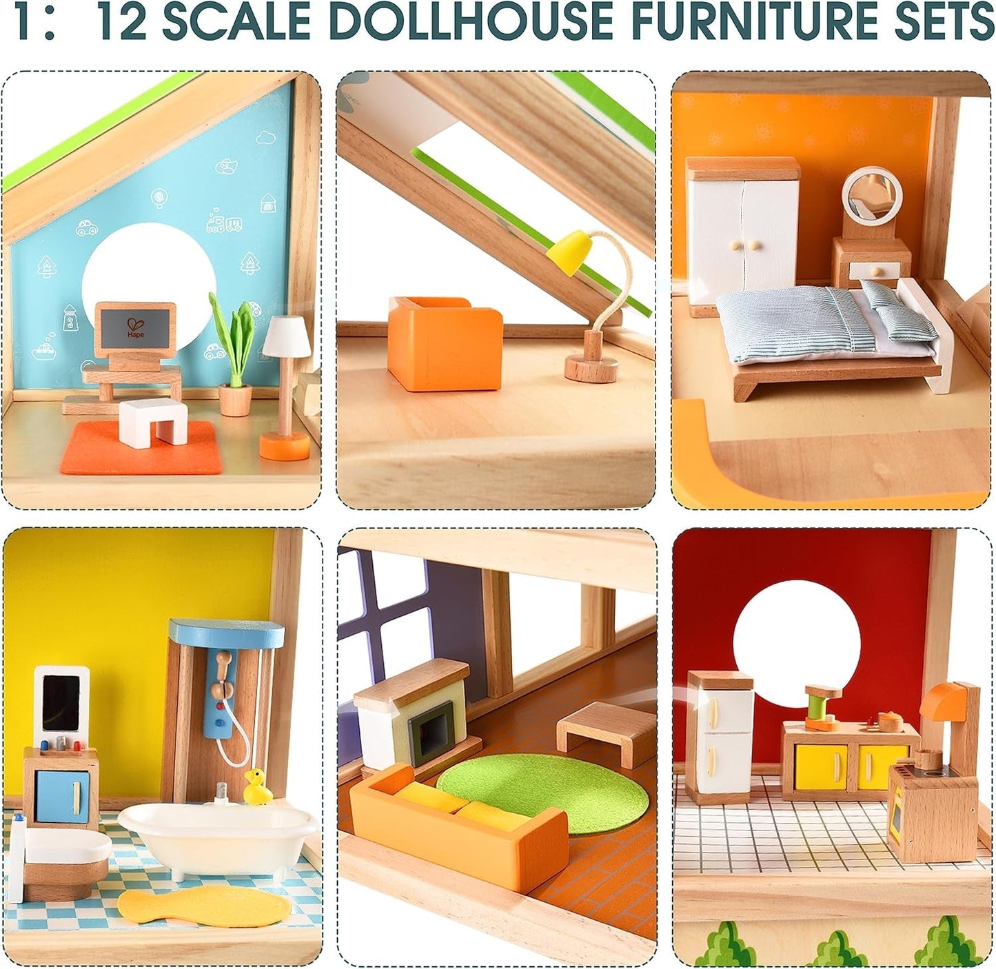 Hape Four Seasons Dollhouse - bekroond houten poppenhuis van drie verdiepingen met meubels, accessoires, schuiftrap en omkeerbaar dak voor alle seizoenen, voor kinderen vanaf 3 jaar