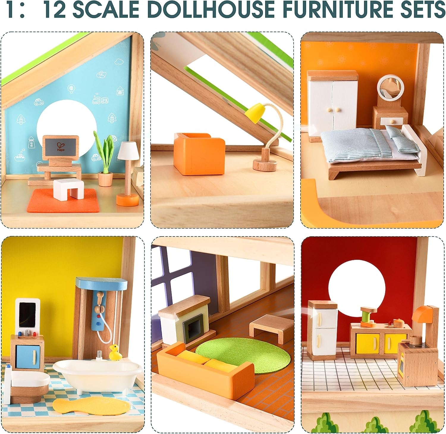Hape Four Seasons Dollhouse - bekroond houten poppenhuis van drie verdiepingen met meubels, accessoires, schuiftrap en omkeerbaar dak voor alle seizoenen, voor kinderen vanaf 3 jaar