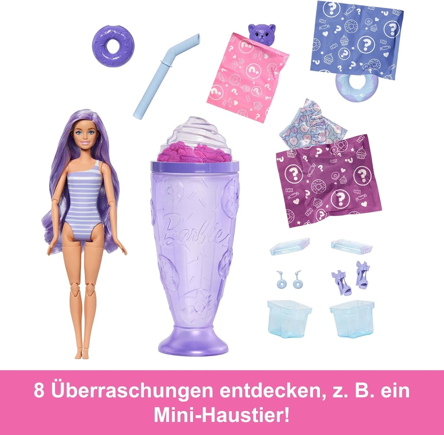 Barbie Pop Reveal Series-set met modepop en accessoires, Candy-serie, Donut Dreams-ontwerp met huisdier, 8 verrassingen inclusief kleurverandering, JFY60