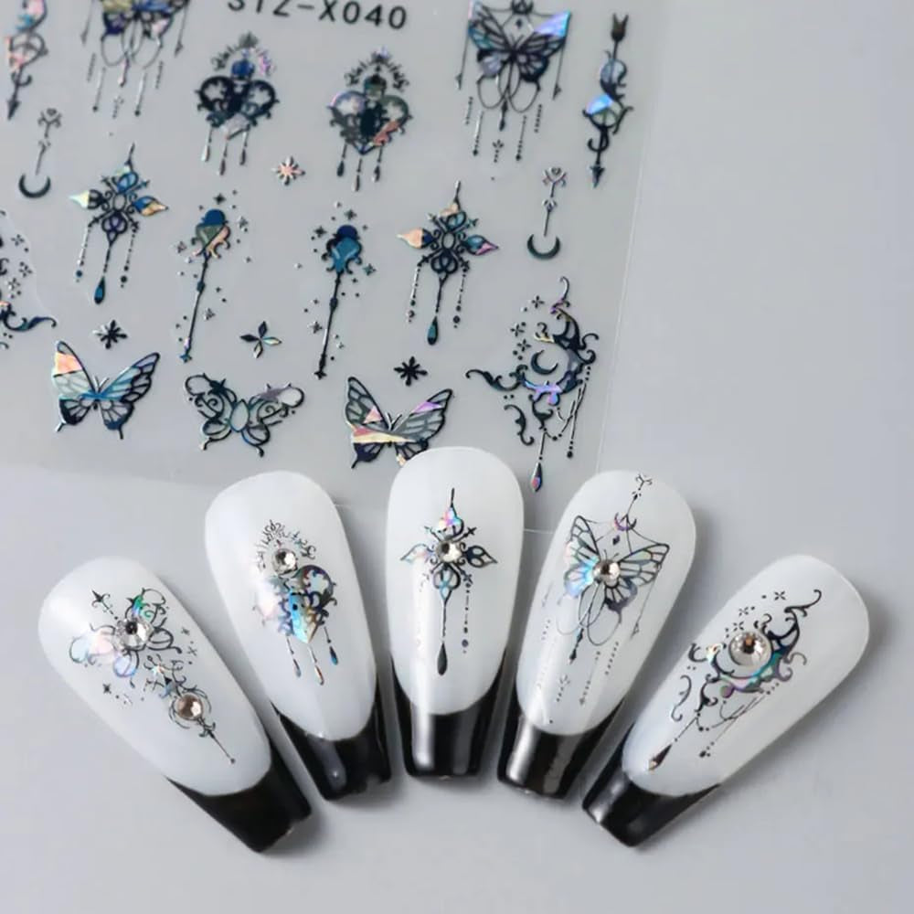 3D Metallic Schwarz Schmetterling Nagelsticker - Laser Roze Aurora Nagelaufkleber - Punk Butterfly Nail Art Stickers - Zilveren Nagelsticker - Nageldesign Zubehör