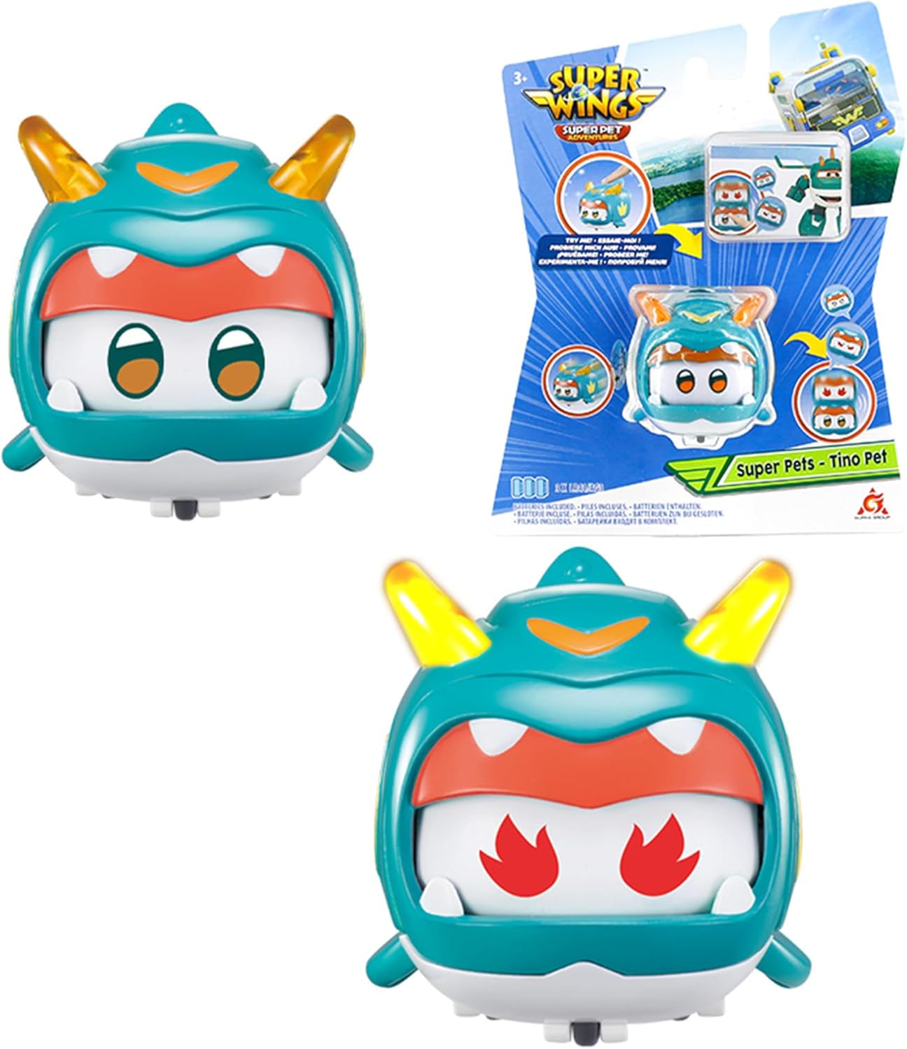 Super Wings Super Pets 4 stuks Shine, Golden Boy, Jerome, Ellie Verwisselbare gezichtsuitdrukking Bliksemeffect Draagbaar speelgoed voor 3 4 5 6 7 8 jaar oude jongensmeisjes 2 inch actiefiguren Naty Shop Tino