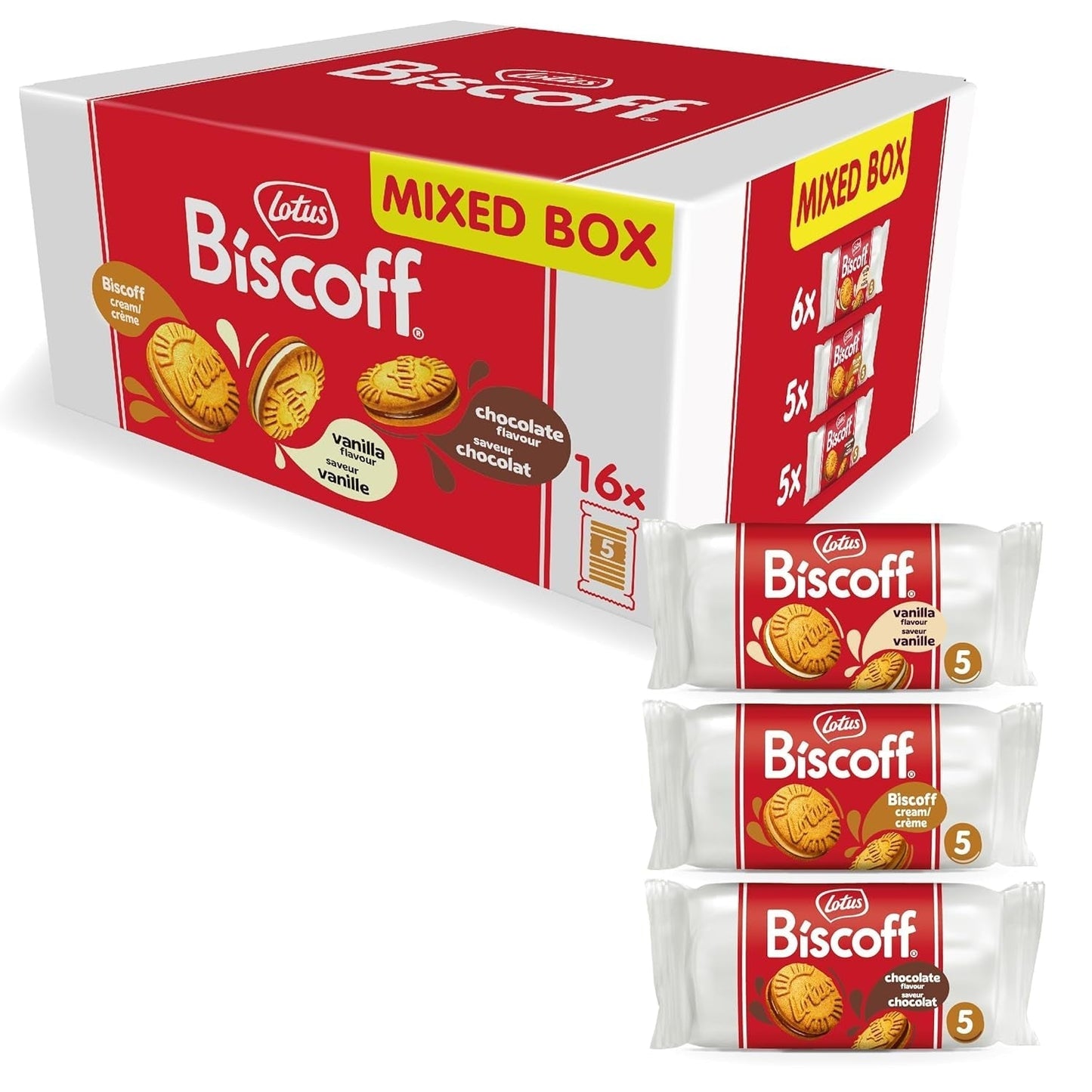 Lotuskoekje | Variatiepakket dubbele koekjes | 3 varianten: Biscoff Cream, Vanille en Chocoladesmaak | 5 dubbele koekjes per pak | Ingrediënten van natuurlijke oorsprong | Geen kleurstoffen | 16 x 50 g | 800g