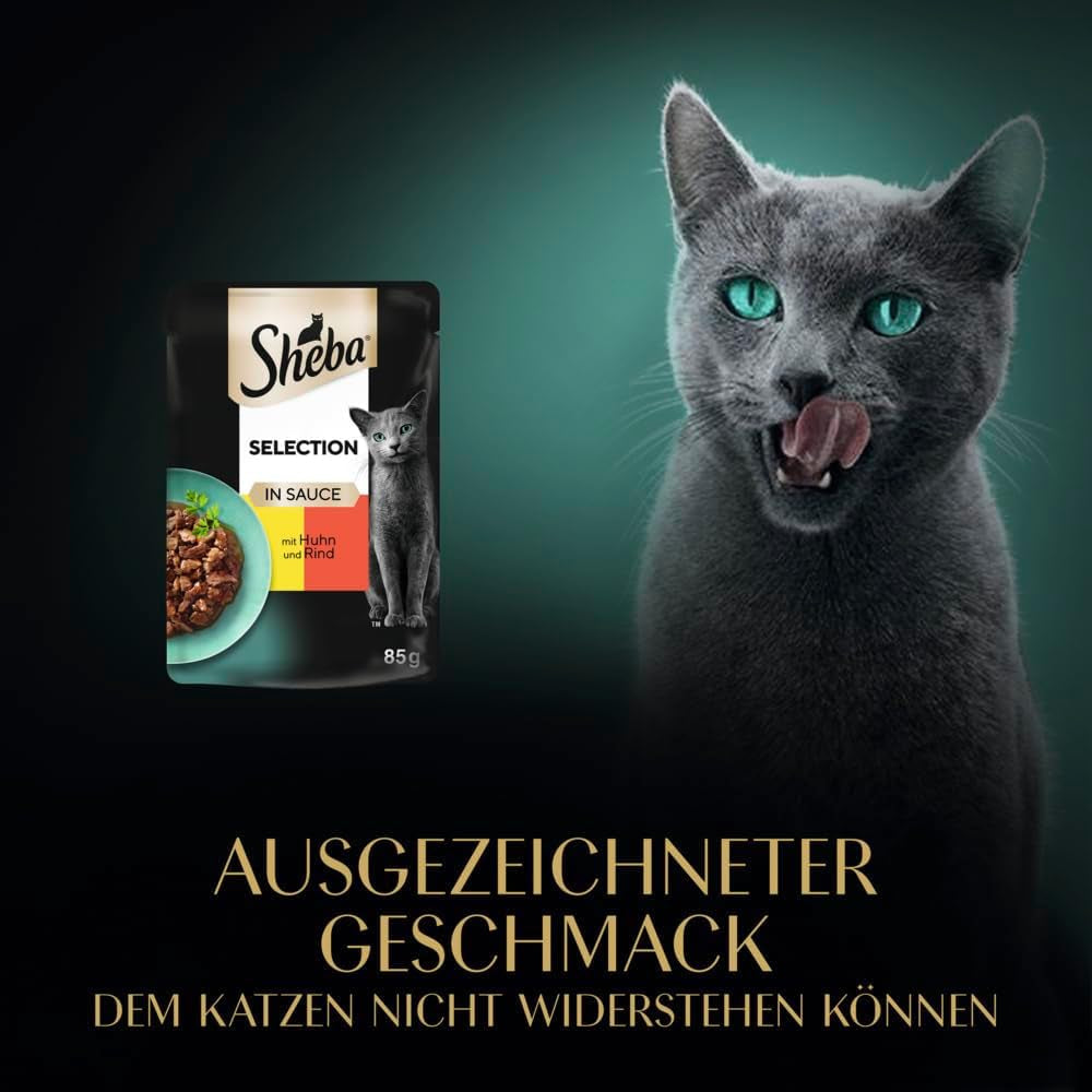 Natvoer voor katten Sheba Selection in geportioneerde zakjes met kip en rundvlees in saus 28x85g