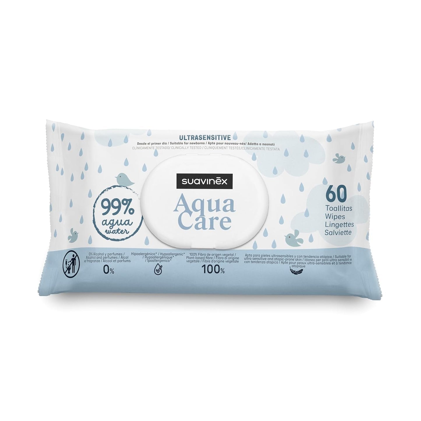 Suavinex Aqua Care Baby Natte Doekjes 60 Stuks Reinigingsdoekjes 99% Water Plantvezels Aloë Vera Geurvrij Alcoholvrij Dermatologisch getest Geschikt voor de gevoelige huid