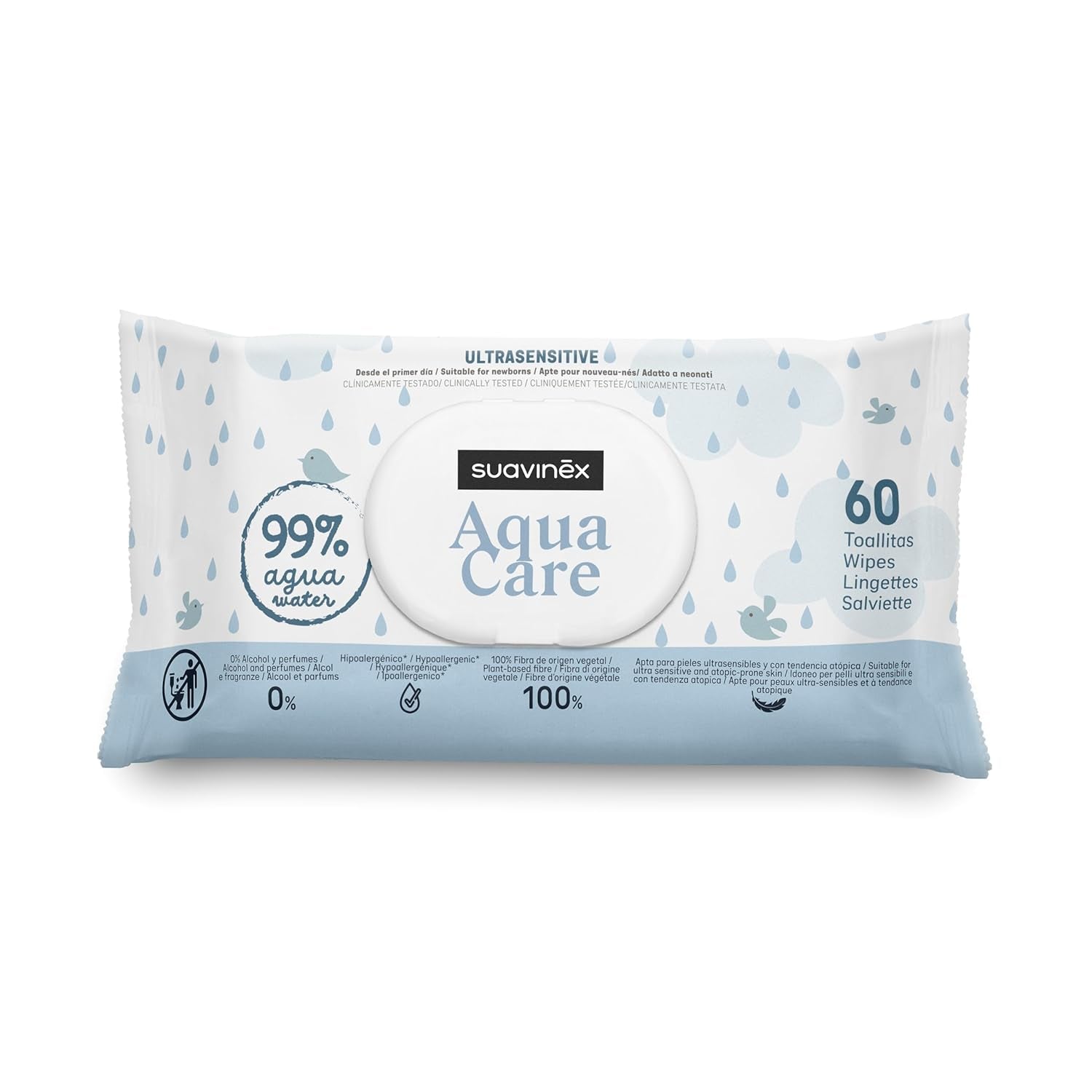 Suavinex Aqua Care Baby Natte Doekjes 60 Stuks Reinigingsdoekjes 99% Water Plantvezels Aloë Vera Geurvrij Alcoholvrij Dermatologisch getest Geschikt voor de gevoelige huid