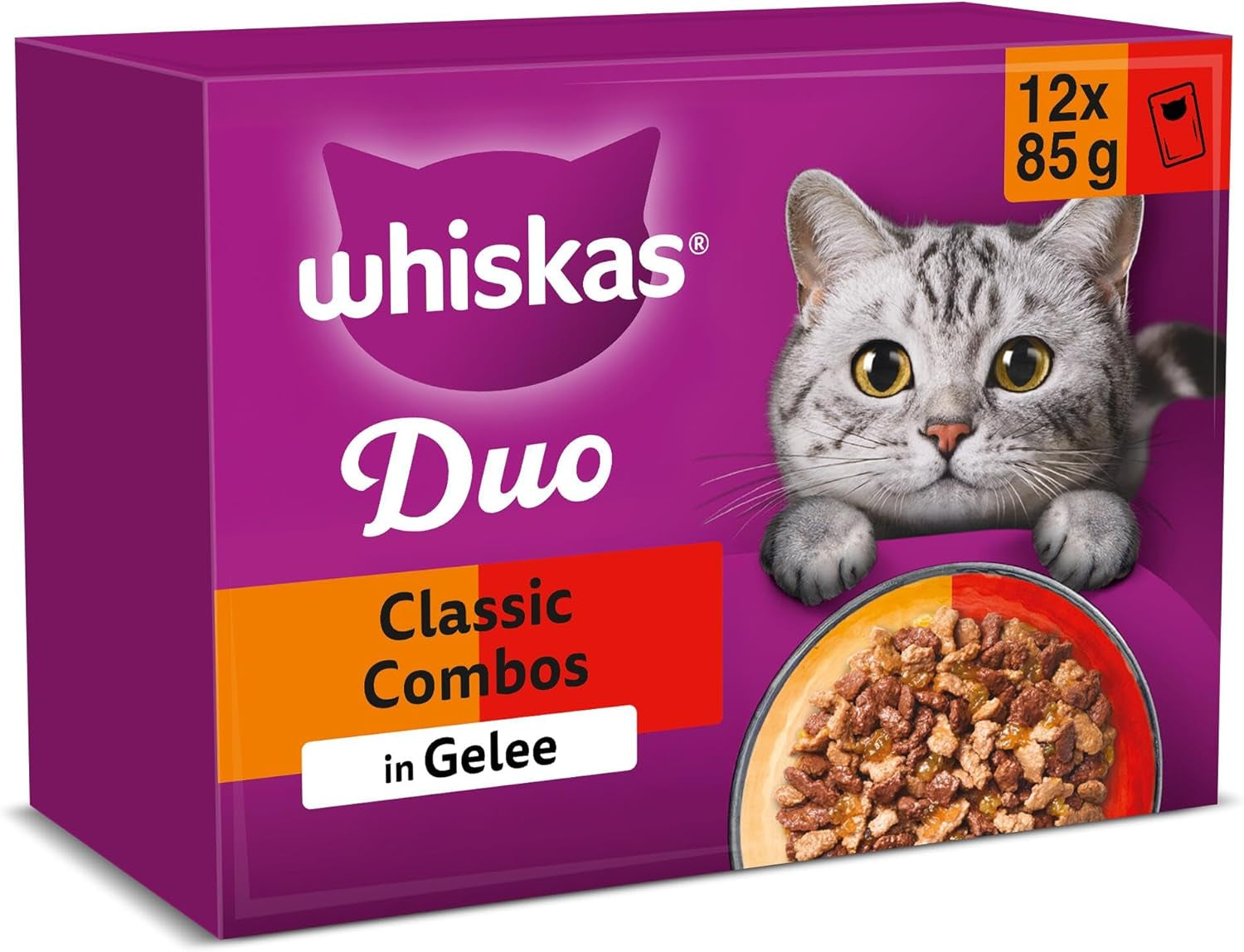 WHISKAS Duo-zakjes voor porties natvoer, multipack, klassieke combinatie in gelei, 12 x 85 g