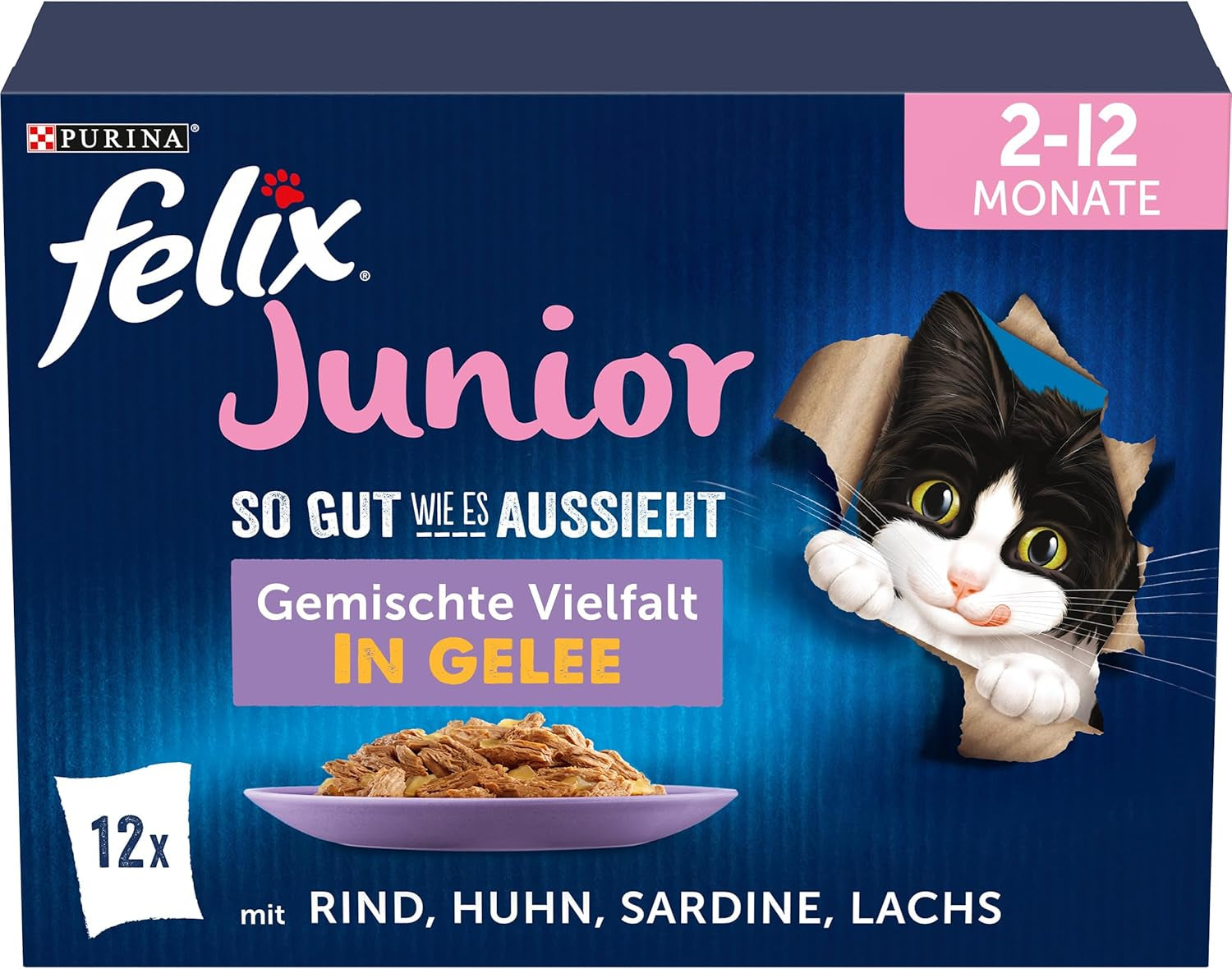 Felix As Good As It Looks Junior Natvoer in gelei voor kittens, gemengde mix, verpakking van 6 (6 x 12 zakjes van elk 85 g)