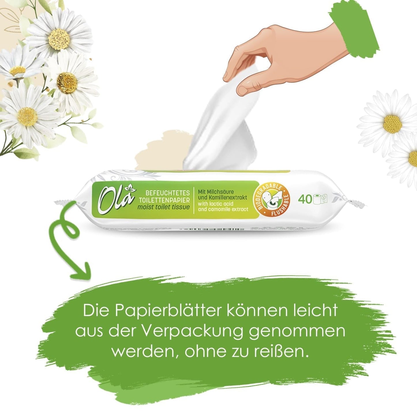 OLA nat toiletpapier - (1X40 stuks) Vochtige doekjes - kamille-extract en melkzuur, wasbaar, gevoelige huid - 40 stuks