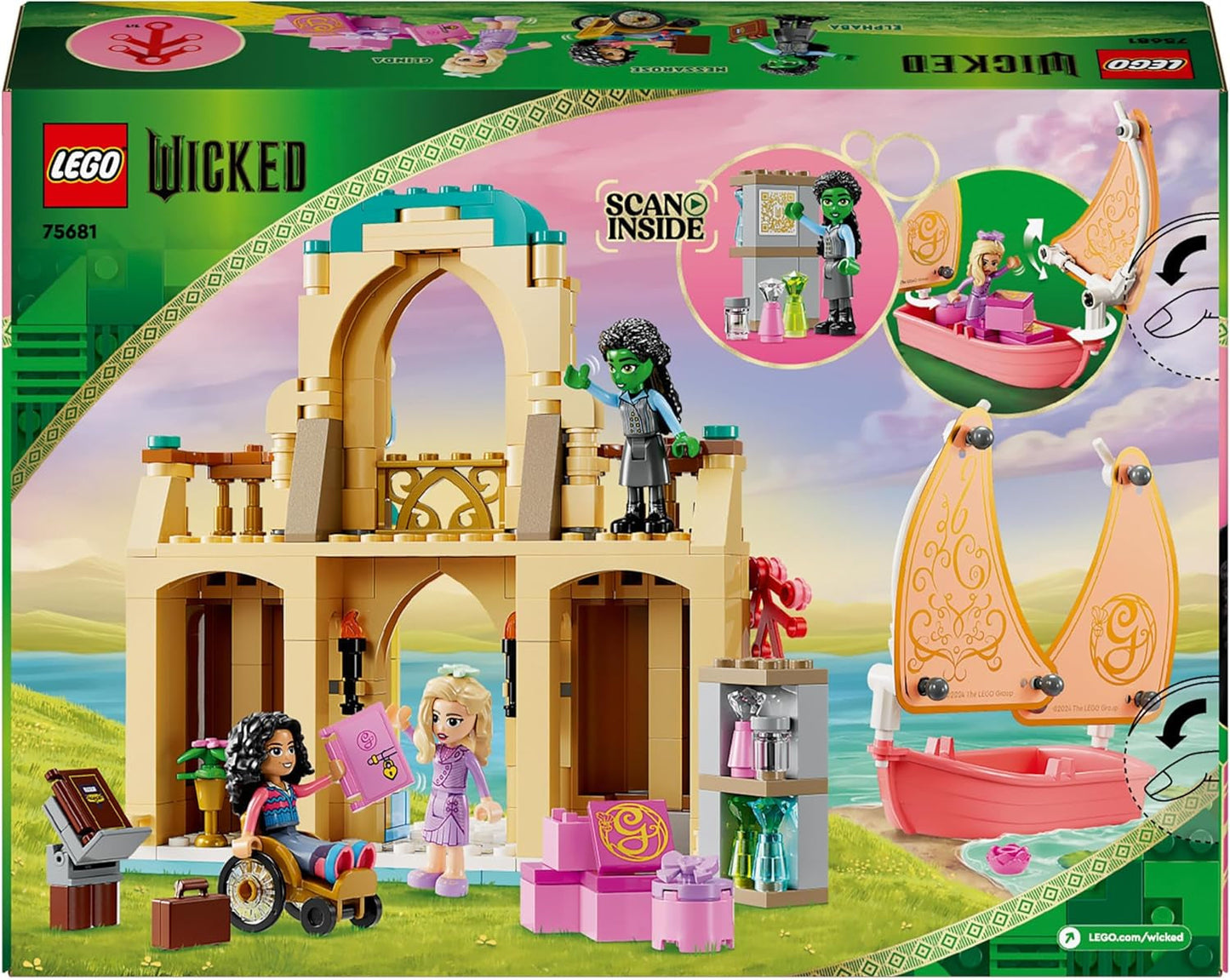 LEGO Wicked Glinda, Elphaba en Nessarose op de Shiz Universiteit Zeilboot en speelgoedboot met 3 figuren Cadeau voor meisjes en jongens vanaf 7 jaar Poppenhuisliefhebbers 75681 Bouwsets Bekijk de LEGO-Store
