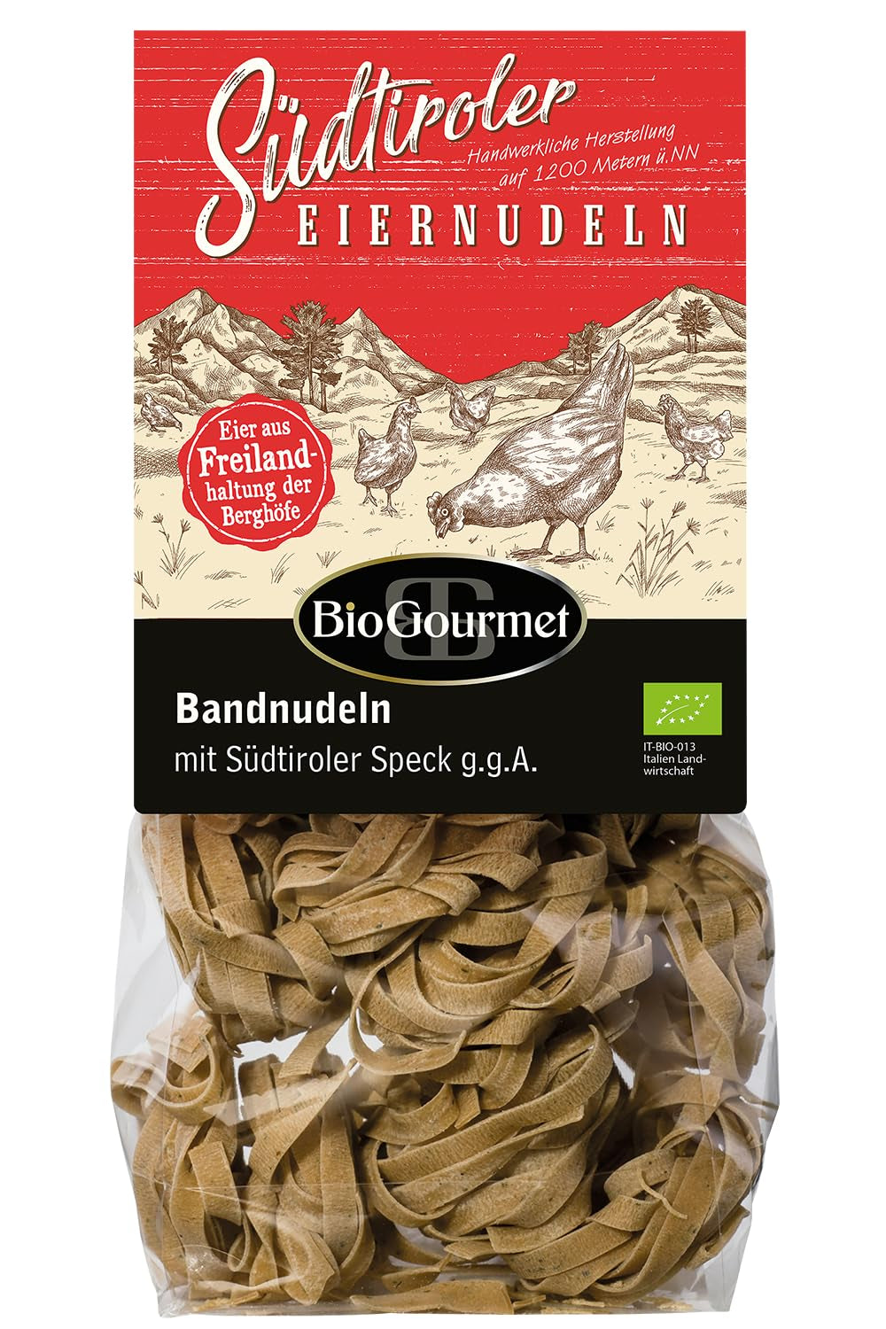 BioGourmet lintnoedels met Schüttelbrot uit Zuid-Tirol (BGA) | Gezouten en gearomatiseerde eiernoedels met echt spek uit Zuid-Tirol | 1 x 250 g Bio