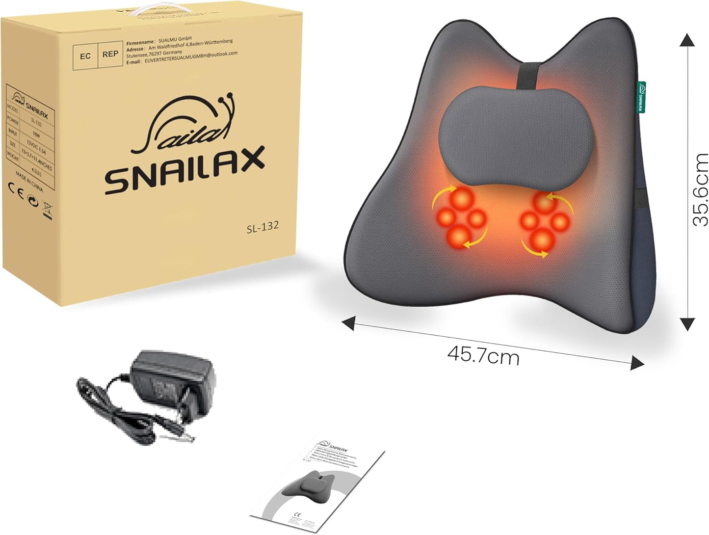 Snailax Ergonomisch lendensteunkussen met massage en warmte, shiatsu-rugkussen van traagschuim, zitkussen met 3 massage-intensiteiten | 2 warmteniveaus | 3 timers | comfortabele zithouding