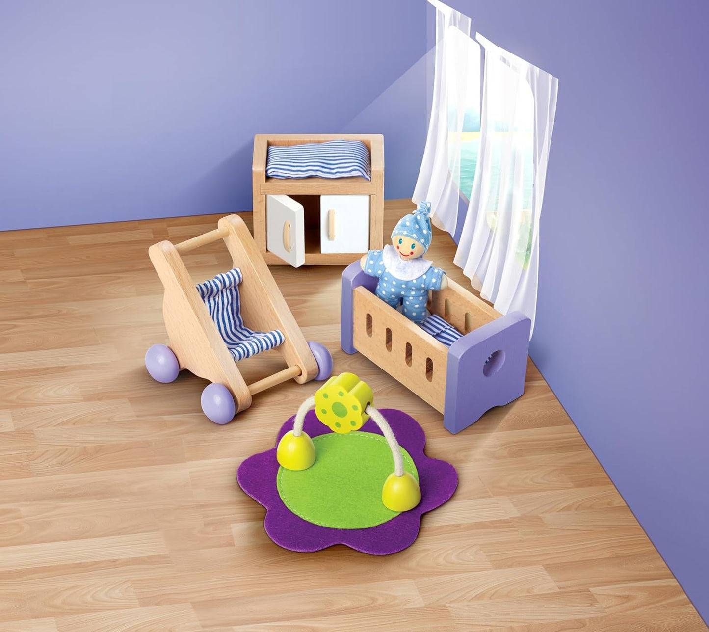 Hape Babykamer - Houten poppenkamerset, babypopmeubilair, poppenhuisaccessoires voor peuters, miniatuur babykamer met schommel en accessoires, rollenspel van 3 jaar oud
