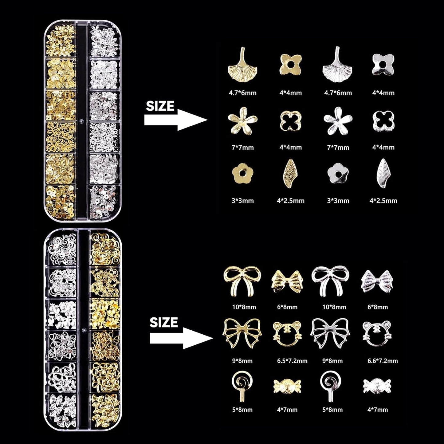Nagelsleutelhangers 4 boxset - 48 soorten gouden en zilveren 3D nagelsleutelhangers (vlinders, bloemen, parels, enz.) + pincet en pen - voor doe-het-zelf gel- en acrylnagels | Ideaal voor nagelsalon en thuis