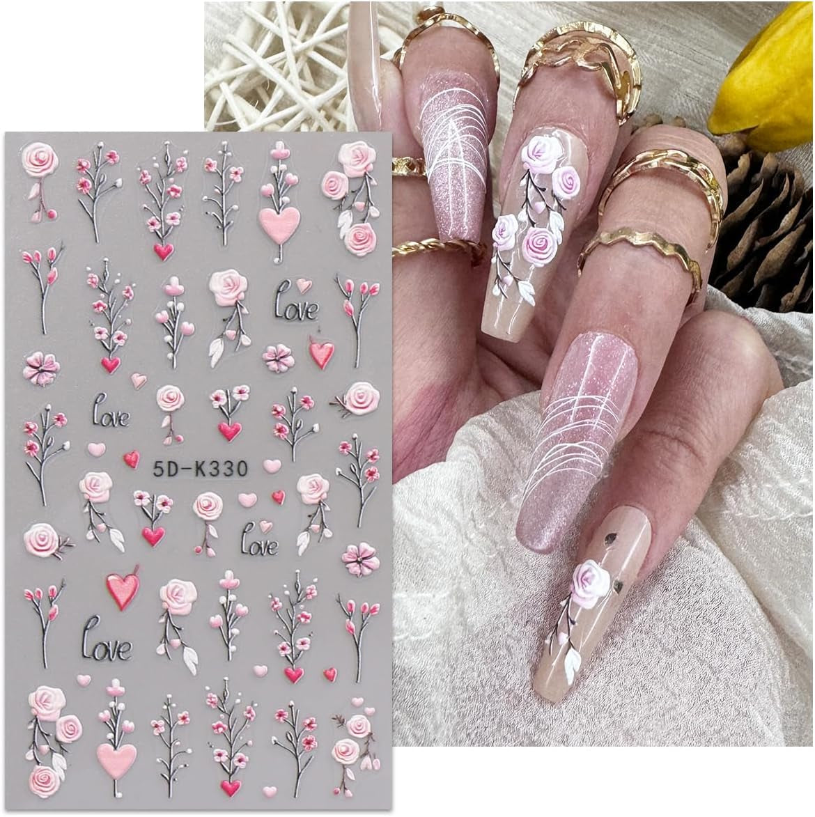 JMEOWIO 3D Nagelsticker Blumen Nail Art Sticker Selbstklebend Nagelaufkleber 5D Stereoskopisch Frühling Zomer Decoratie Nageldesign Zubehör 4 Blatt
