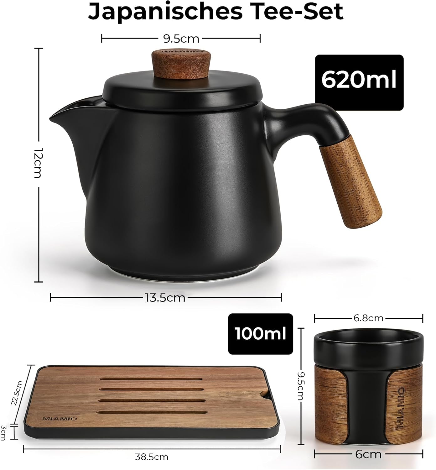 MIAMIO - Japans/Chinees theeservies 6 x 100 ml / Aziatische theepot 620 ml met thee-ei, traditionele Japanse theepotset voor theeliefhebbers/mannen/vrouwen (zwart)