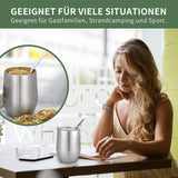 Moderne Mate-mok 340 ml, geïsoleerde dubbelwandige roestvrijstalen Yerba Mate-mokset, Mate-theemok met BPA-vrij deksel, bombillas en een reinigingsborstel (zilver)