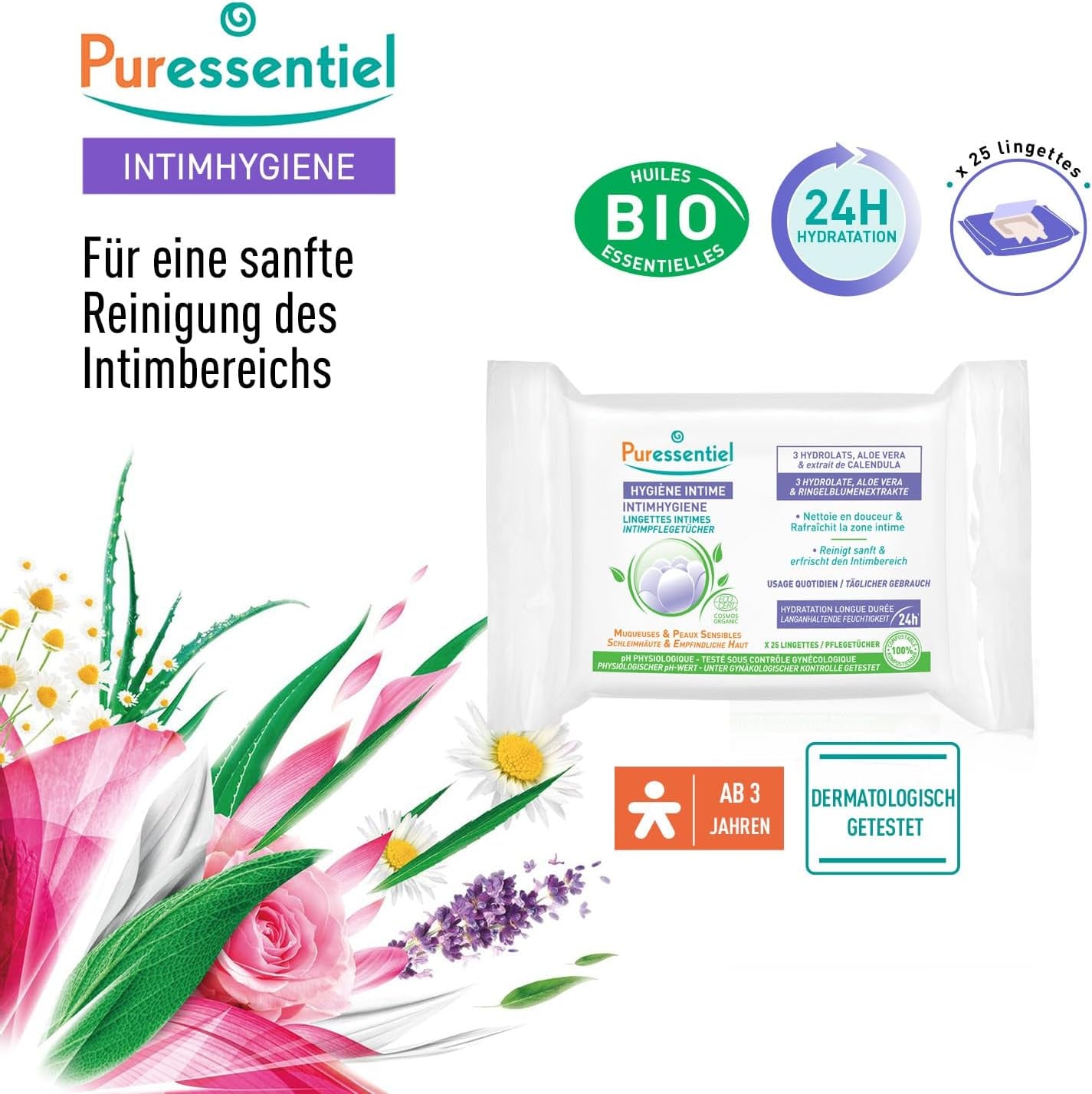 Puressentiel - Intieme hygiëne - Intieme doekjes - Reinigend en verfrissend - Gevoelige slijmvliezen en huid - Langdurige hydratatie 24 uur - Voor dagelijks gebruik - X25 st.