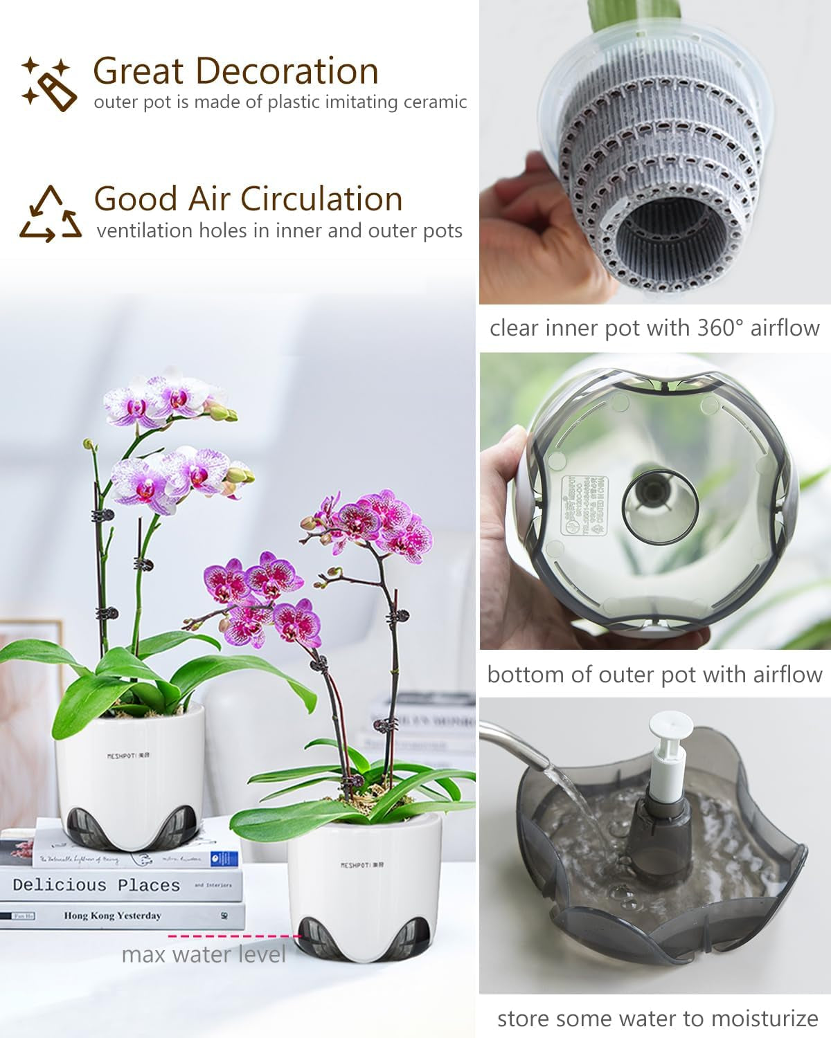 Orchideebloempot met drainagegaten voor verplanten, uitstekende luchtcirculatie, 2 stuks, dubbellaags plastic, keramische orchideeënplanter, transparante orchideebloempot, decoratief