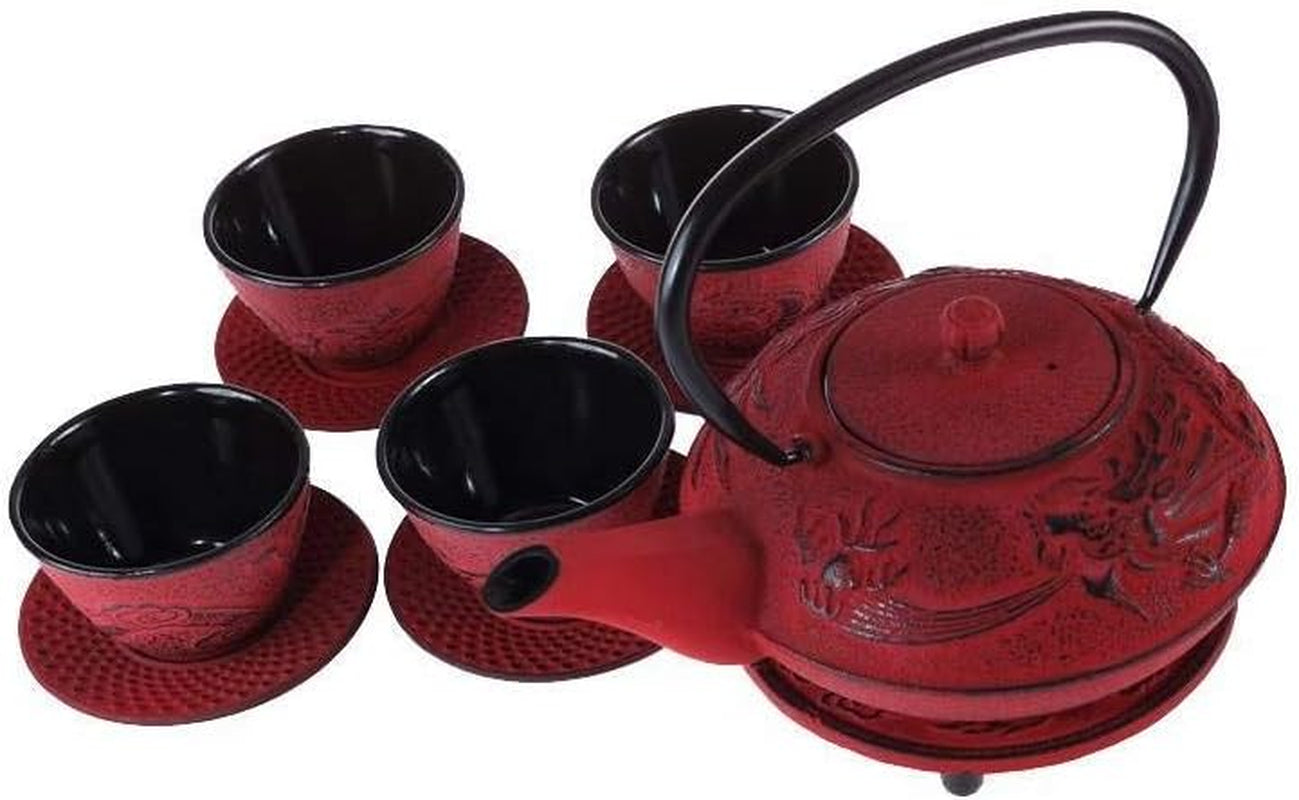 – Chinese Draak Theeservies – 1 Theepot, 4 Gietijzeren Kopjes en Theezeefje – Capaciteit 0,8L – Japans Aziatisch Decor – Cadeau-idee voor Japans Serviesgoed – Kleur Rood
