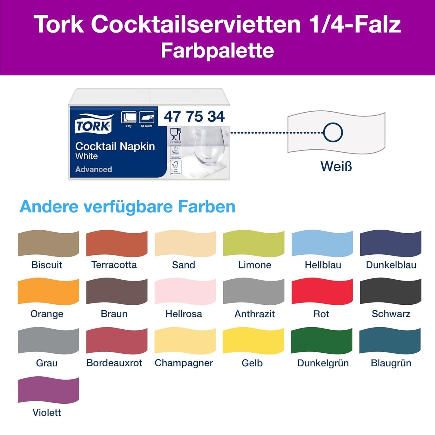 Tork Cocktail Witte Servetten, 1/4-voudig, 2-laags, 24 cm × 24 cm, 200 Servetten, 477534