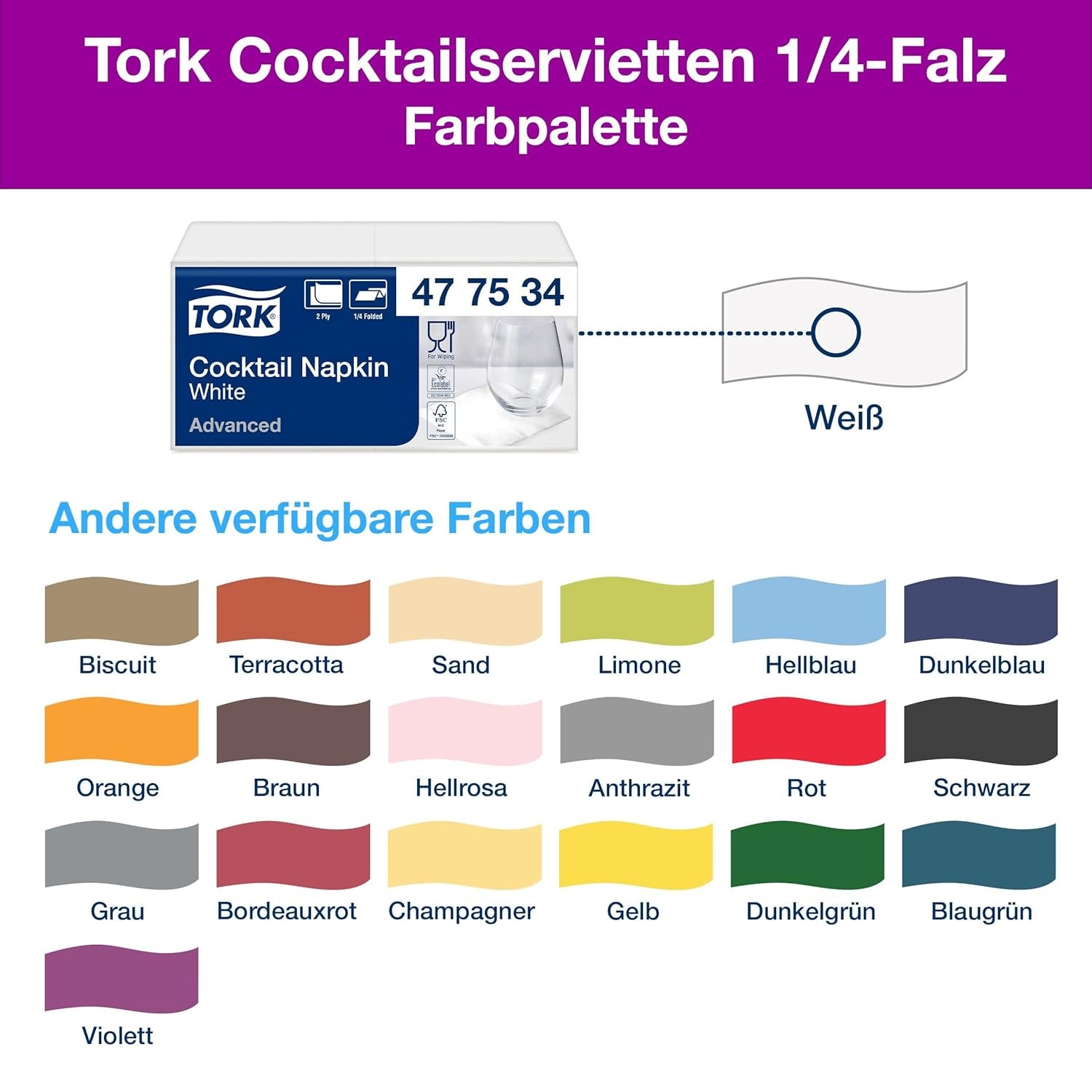 Tork Cocktail Witte Servetten, 1/4-voudig, 2-laags, 24 cm × 24 cm, 200 Servetten, 477534