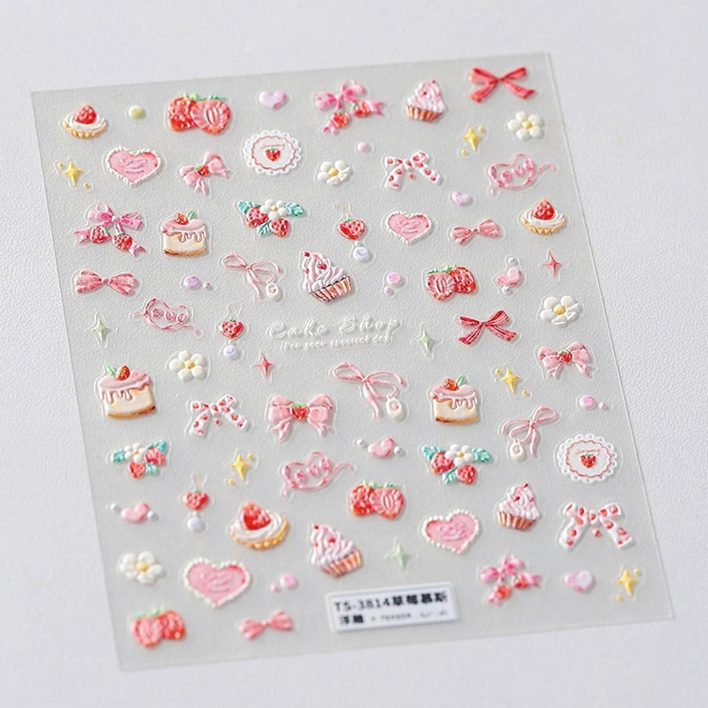 JMEOWIO 3D Nagelsticker Rosa Nail Art Sticker Selbstklebend Nagelaufkleber 5D Stereoskopisch Kuchen Erdbeerschleife Decoratie Nageldesign Zubehör 1 Blatt