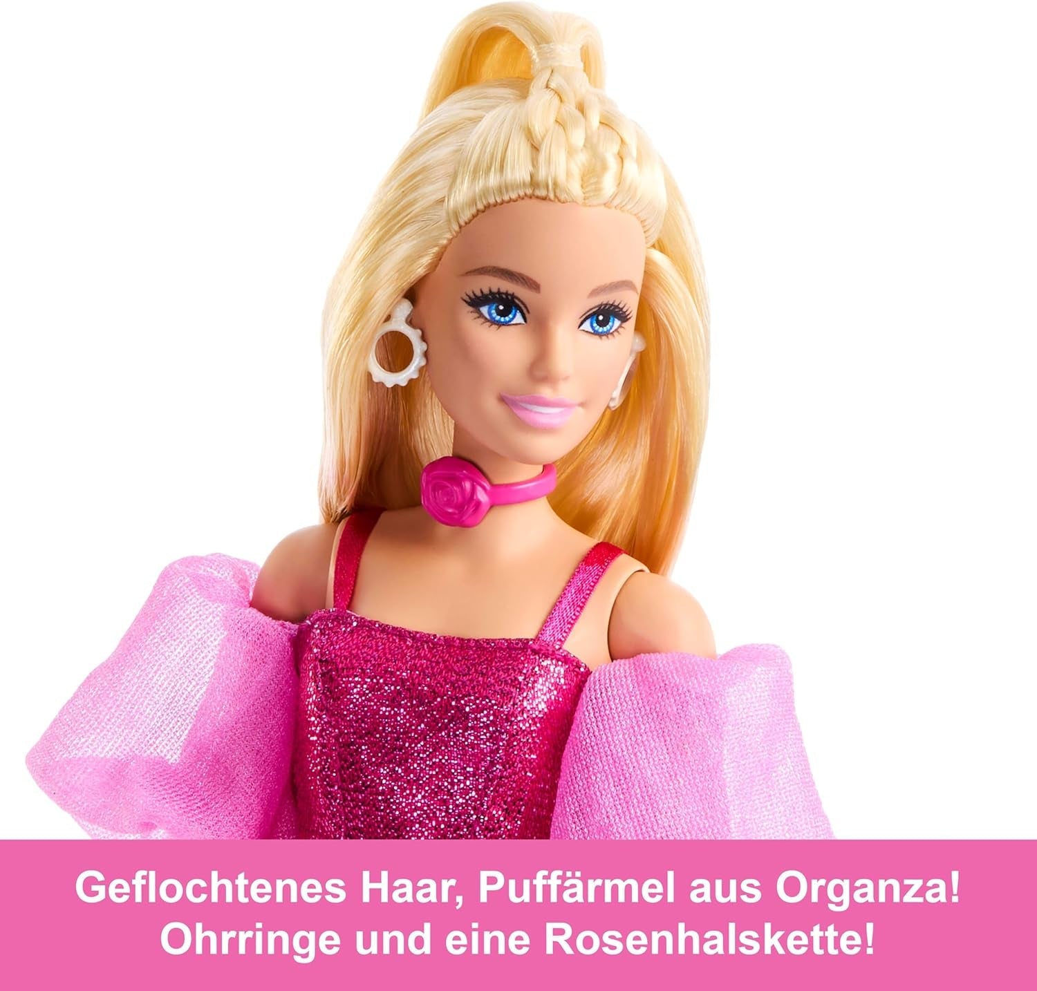 Barbie Deluxe Style #5 pop in een metallic roze blonde outfit met een sprankelend lijfje en een glitterbroek, met accessoires waaronder een roze ketting en een handtas, JFP40