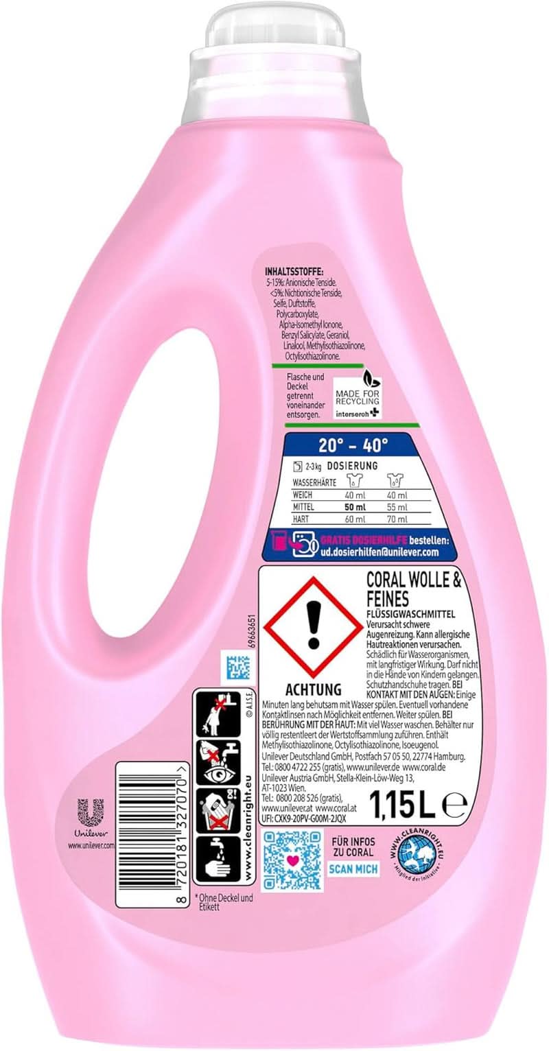 Coral delicaat vloeibaar wasmiddel voor wol en fijne was, 23 wasbeurten, 1,15 liter Wasmiddelen Naty Shop