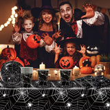 49-delige Halloween Spider papieren bestekset inclusief borden, servetten, glazen en tafelkleed. Zwart servies bestaande uit dessertborden, servetten en glazen.