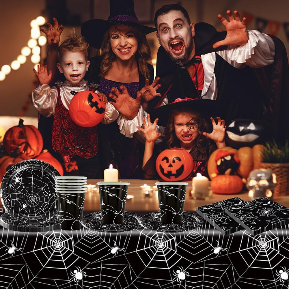49-delige Halloween Spider papieren bestekset inclusief borden, servetten, glazen en tafelkleed. Zwart servies bestaande uit dessertborden, servetten en glazen.