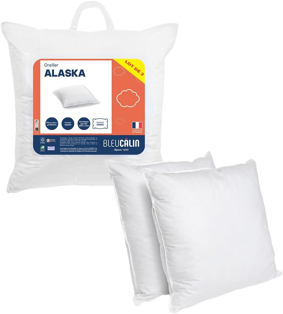 Blue Câlin Set of 2 Pillows with Firm Comfort "Alaska", Super Filling, 100% Cotton Percale Envelope, White, 65 X 65 cm Square Shape Naty Shop Standard Pillows