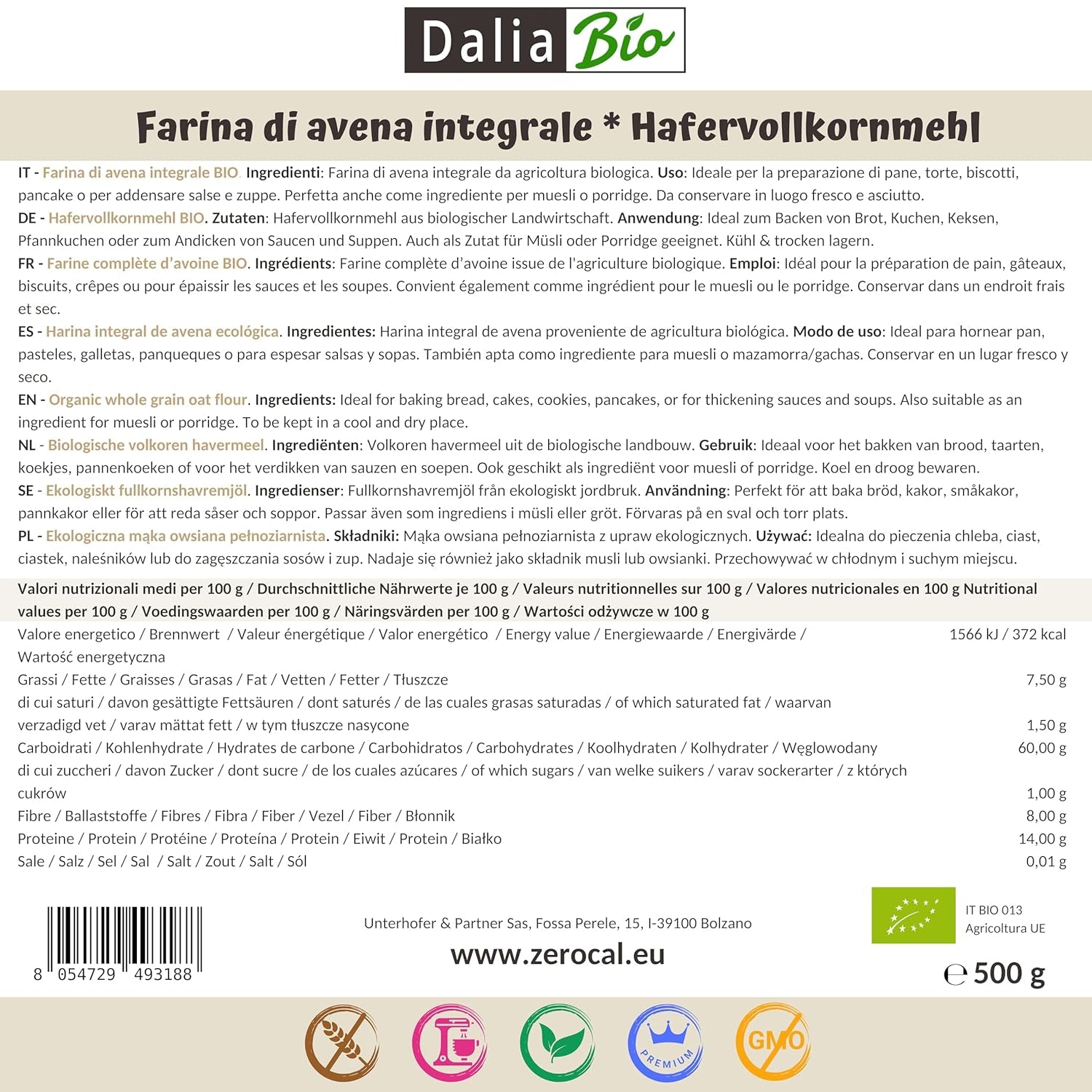 Dalia - Biologisch volkoren havermeel 500g | Glutenvrij | Rijk aan vezels en eiwitten. Herkomst: Italië | Voor brood, cake, pap en fitnessrecepten | Premium kwaliteit