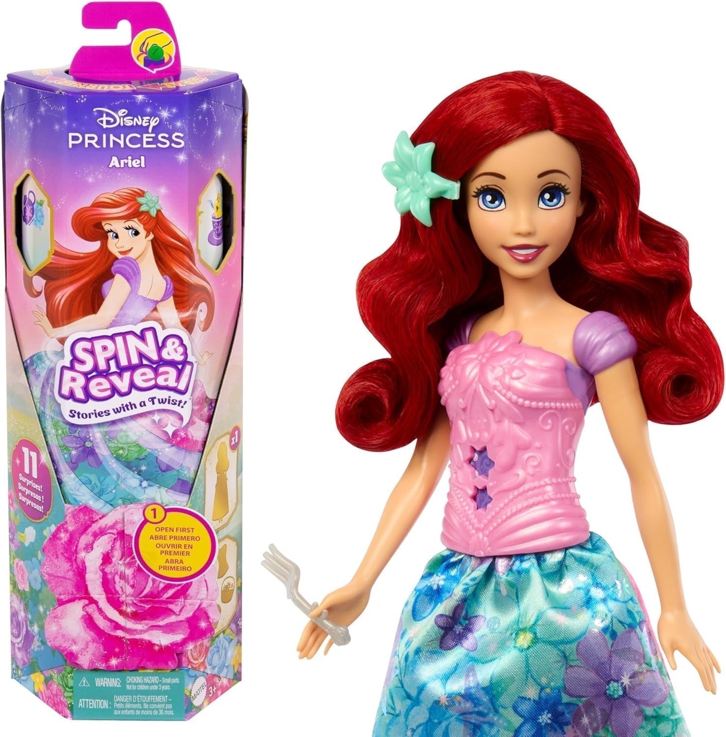 Mattel Disney The Ice Queen Elsa Modepoppenset, Spin & Reveal met 11 verrassingen, waaronder 5 accessoires, 5 stickers en een speelscène, geïnspireerd op de Disney-film, HTG25 Dolls Naty Shop Arielle modepoppenset
