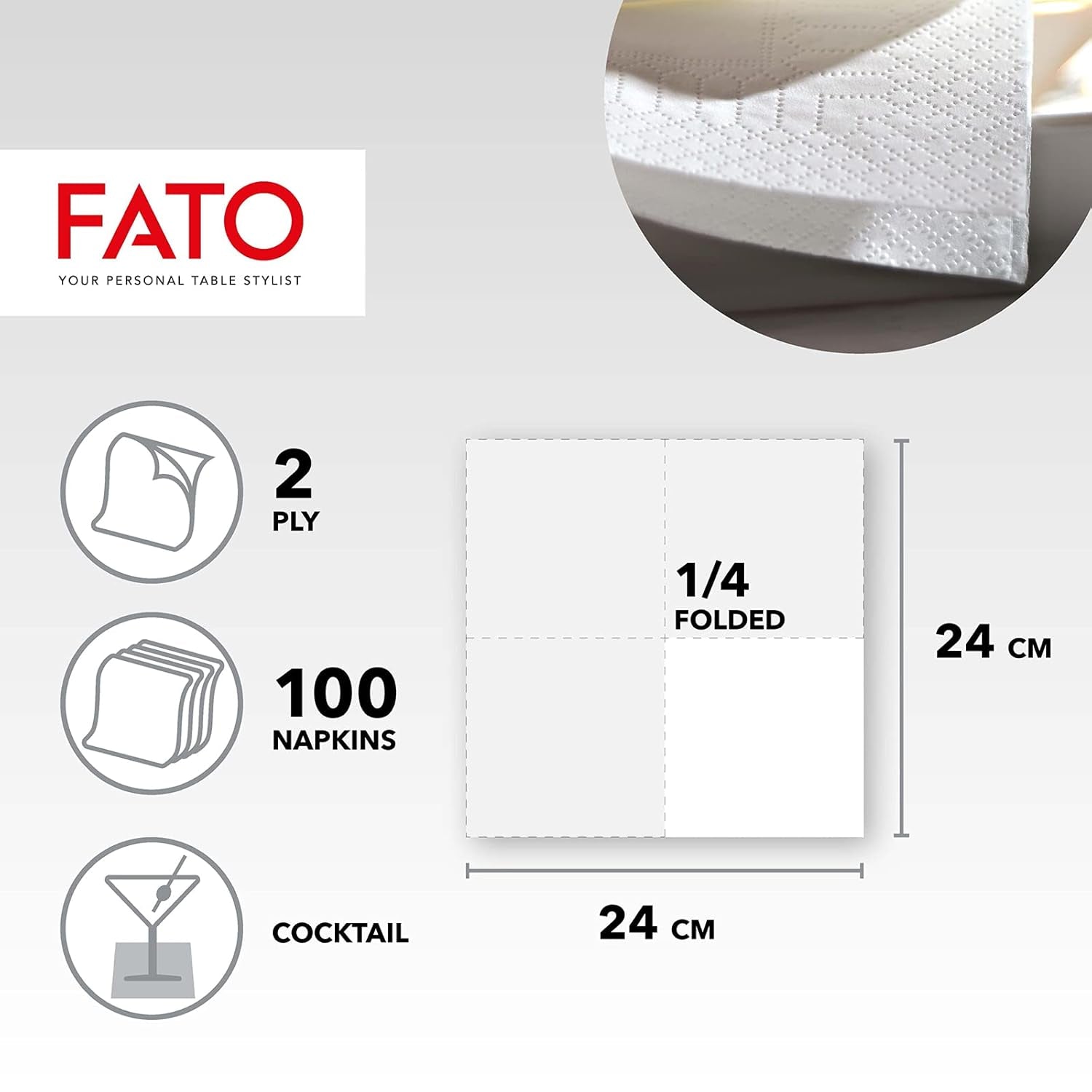 , Papieren wegwerpservetten, ideaal voor hapjes en cocktails, verpakking van 100 servetten, maat 24X24, 4 vouwen, 2-laags, wit, 100% puur cellulosepapier, FSC-gecertificeerd (verpakking van 6)