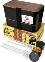 Umami lunchbox voor volwassenen, 4 bestek en compartiment lekvrije stapelbare bentobox, lunchbox voor volwassenen, saladecontainer voor onderweg, picknick-/kantoorlunchbox, antracietgrijs, 1500 ml Naty Shop voedselbewaardozen zwart walnoot L - 1500 ml in elkaar stapelbaar