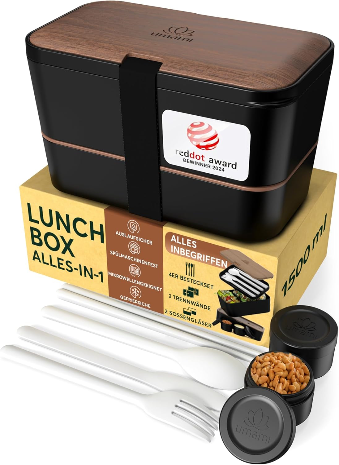 Umami lunchbox voor volwassenen, 4 bestek en compartiment lekvrije stapelbare bentobox, lunchbox voor volwassenen, saladecontainer voor onderweg, picknick-/kantoorlunchbox, antracietgrijs, 1500 ml Naty Shop voedselbewaardozen zwart walnoot L - 1500 ml in elkaar stapelbaar