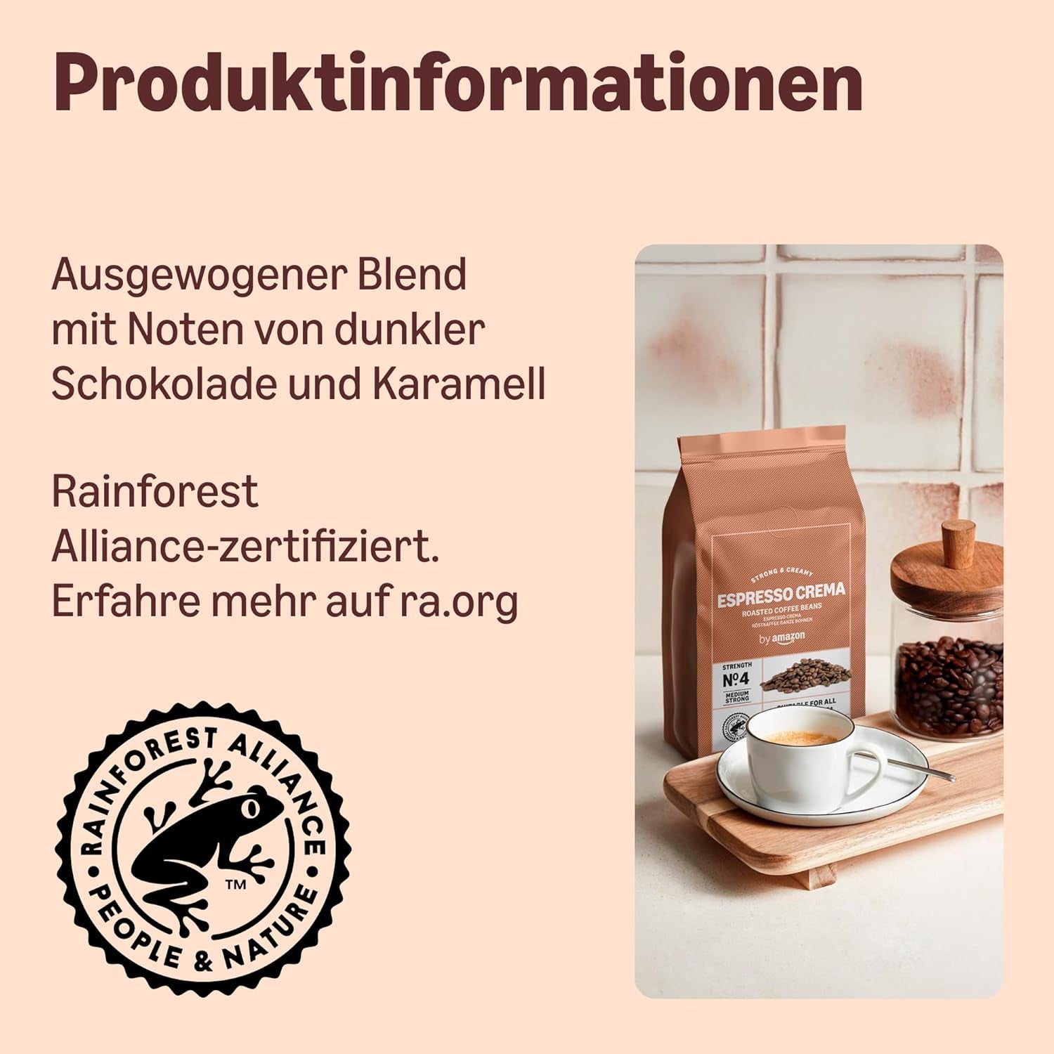 by Amazon Espresso Crema Röstkaffee Ganze Bohnen, 1 kg (2 verpakkingen van 500 g), Rainforest Alliance-Zertifizierung