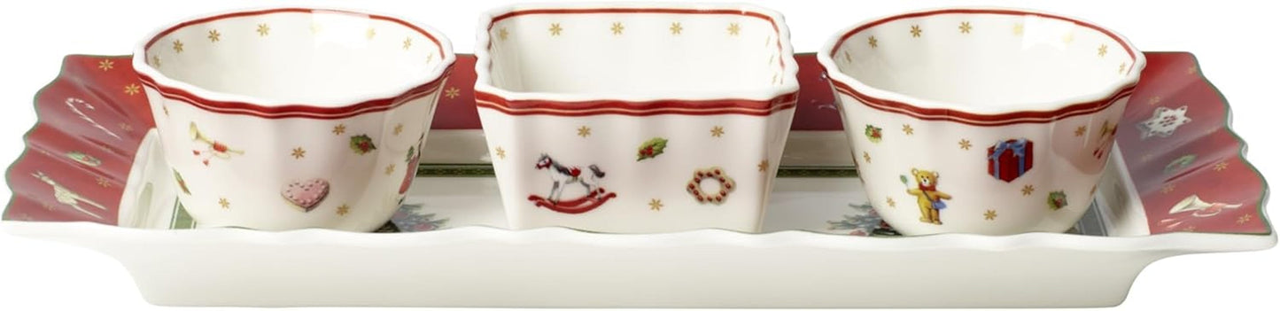 Villeroy & Boch - Toy's Delight Jusset, 4-delig, Serveerschaal met Kommen, Kerstjuskomset, Speelgoedtafeldecoratie, Dienblad, Kommen, Kerstservies, Premium Porselein