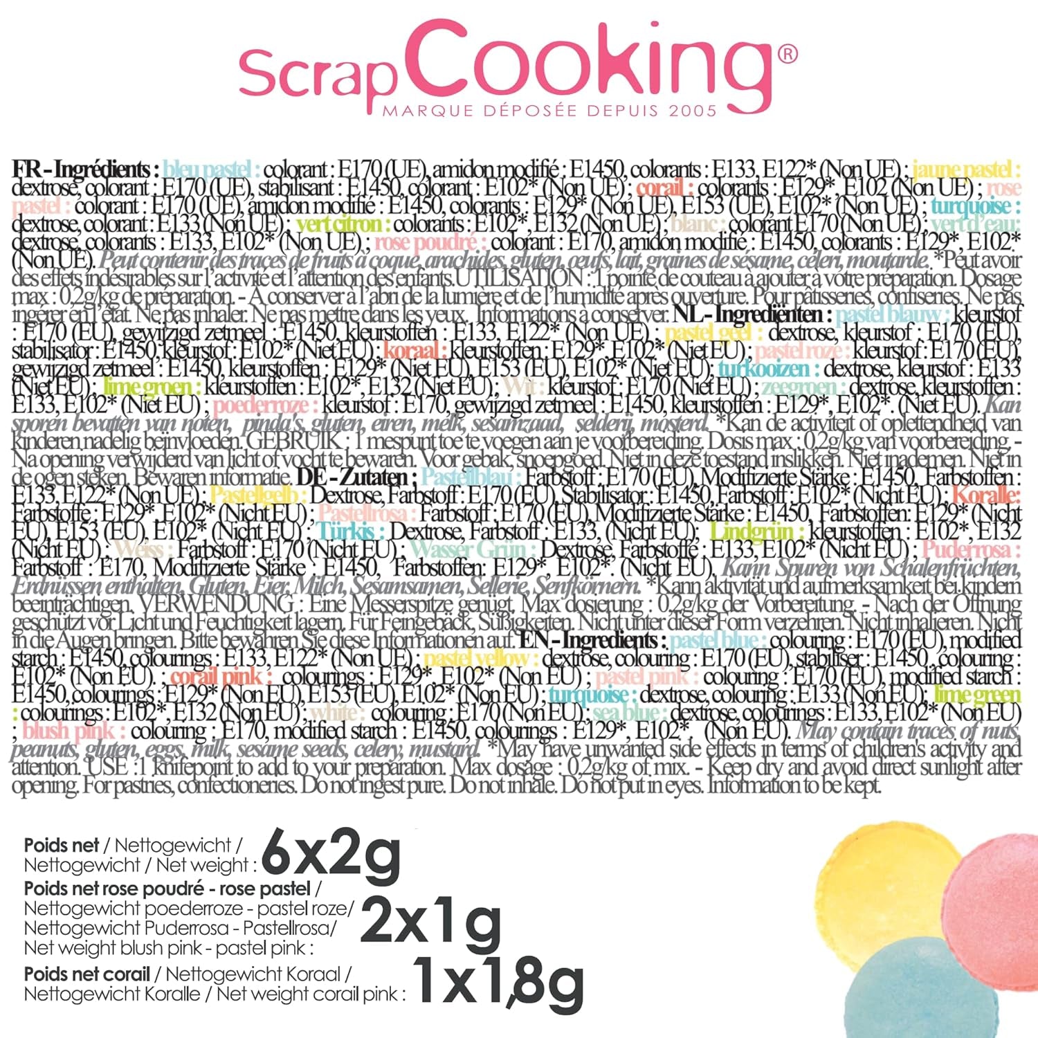 Scrapcooking - Set van 9 pastelkleurstoffen - Blauw, Geel, Koraal, Roze, Turkoois, Limoengroen, Wit, Aquagroen, Poederroze - Eetbare kleurpoeder voor cakes, muffins, macarons - 4272