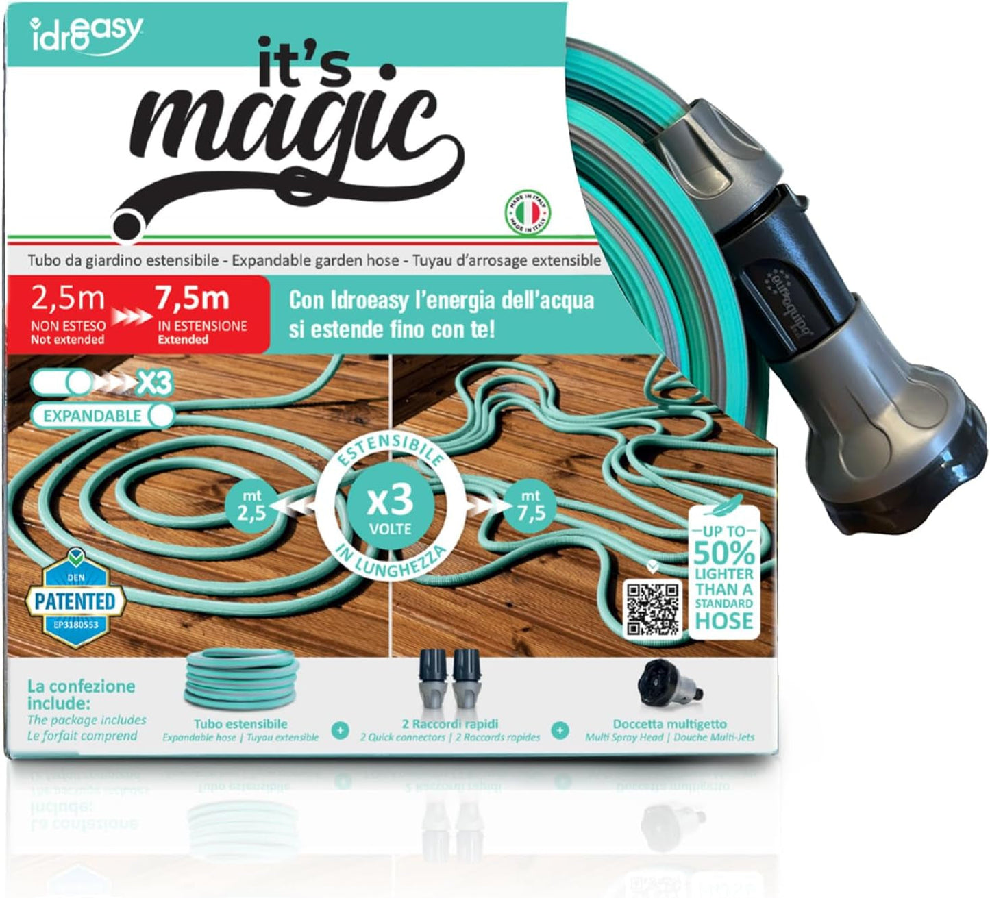 Tuinslang verlengbaar tot 7,5 meter, 1/2" (12,5 mm), met handdouche en 8 functies, Idroeasy