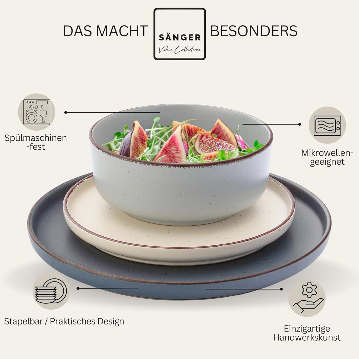 SÄNGER Bombay Maanlicht | 12-delige keramische serviesset voor 4 personen, 4 dinerborden, 4 dessertborden, 4 kommen, diverse kleuren | DE WAARDE-COLLECTIE