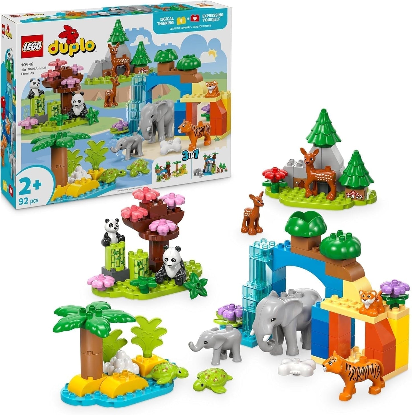 LEGO DUPLO 3-in-1-set met wilde dierenfamilies, educatief speelgoed voor peuters met schildpadden, tijgers, olifanten, herten, panda's, 2-jarige kleuterset, bouwspeelgoed met dierenfiguren 10446 Bouwsets Beuche in LEGO-Store Standaardtitel