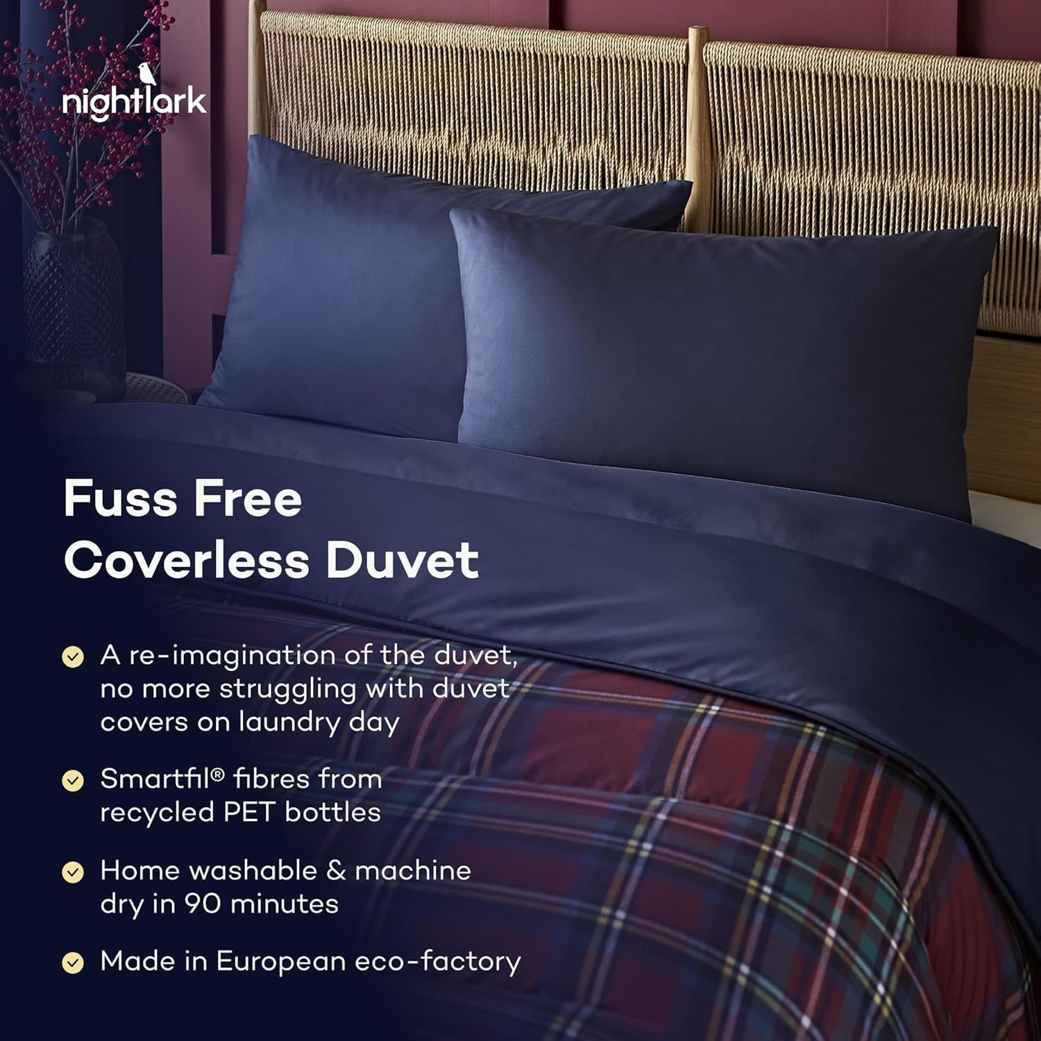 Night Lark dekbed- en kussensloopset, 10,5 tog, eenpersoons, klassieke rode Schotse ruit, luxe beddengoed, hypoallergeen, machinewasbare dekbedden en dekbedden Naty Shop