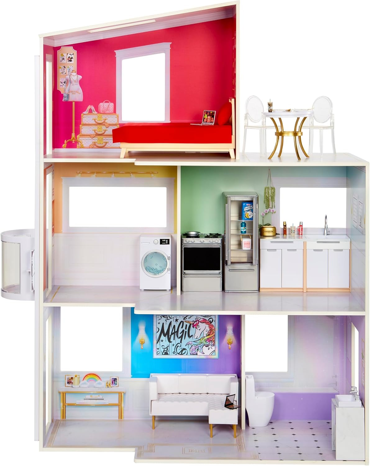 Rainbow High Townhouse - 3-Stöckiges Holzpuppenhaus mit 5 Bunten Zimmern & Terrasse - Komplett Eingerichtetes Haus mit Funktionierendem Lift en Zubehör - Speeltoestel voor kinderen van 4 tot 12+ jaar