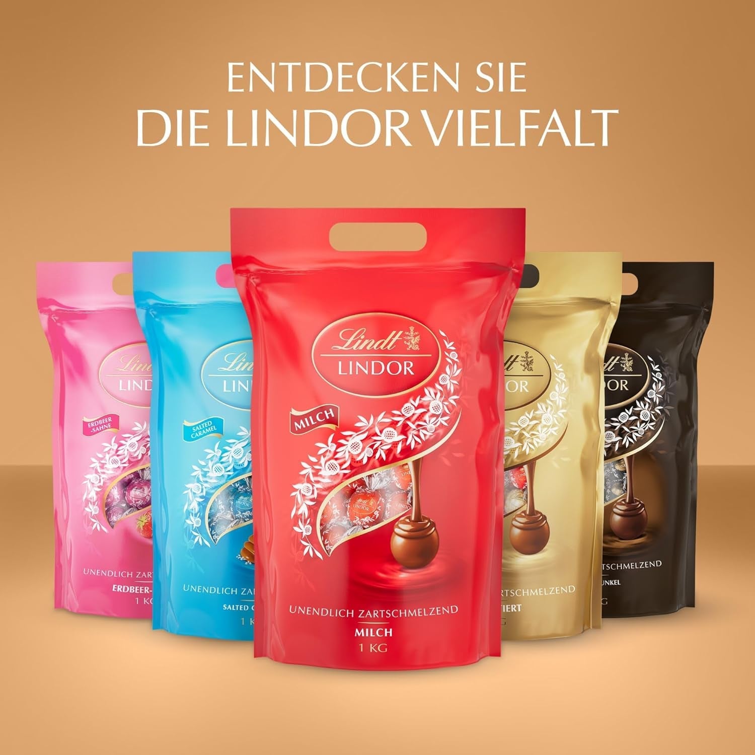 Klassiek assortiment Lindt chocoladebolletjes LINDOR | ca. 80 bolletjes chocolade (melk, wit, puur 60%, hazelnoot) | Grootverpakking, 1 kg