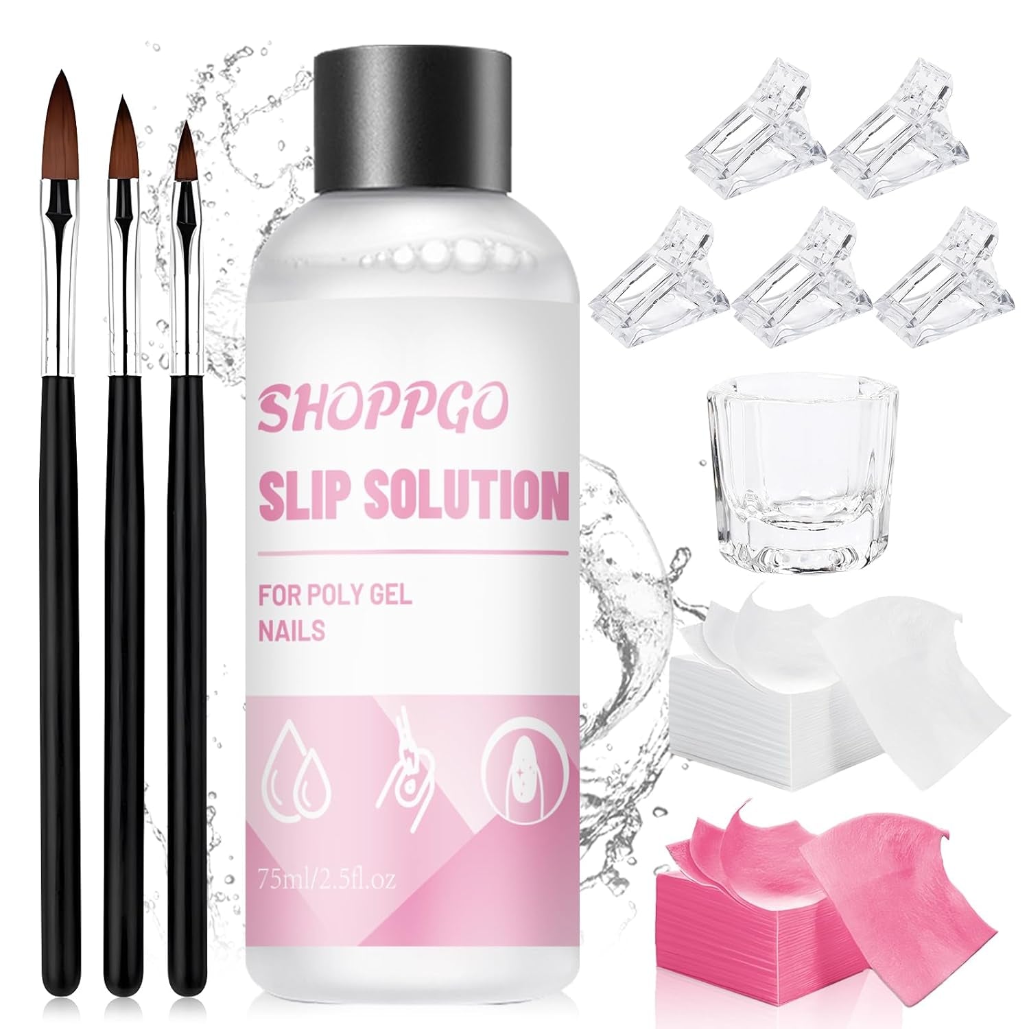 Polygel nageloplossing, polygel slipoplossing nagelkit, polygel vloeibare nageloplossingen 75 ml, 5 nageltipclips, 3 nagelborstels, 1 kristallen beker, 100 reinigingsvellen