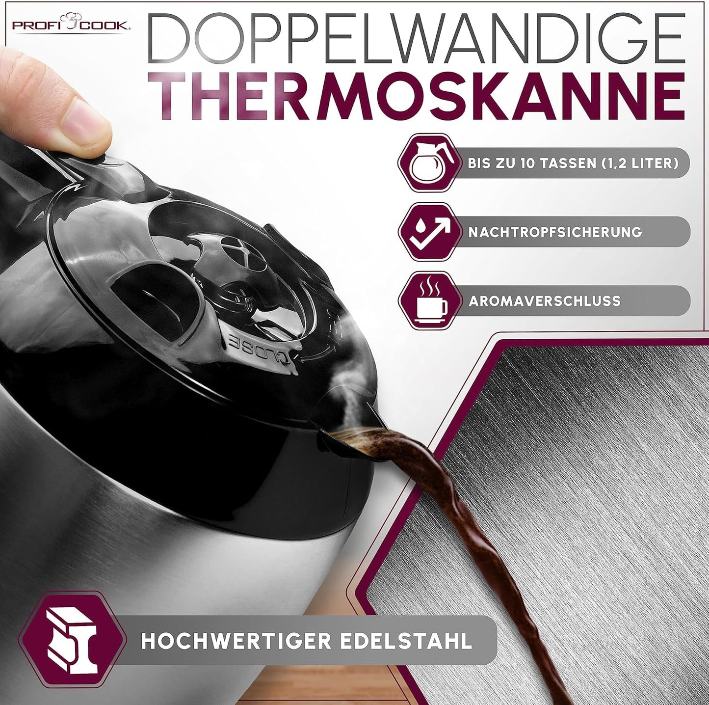 Koffiezetapparaat Profi Cook | 8-10 kopjes | Timer | Sensoraanraakbediening | Dubbelwandige thermoskaraf van 1,2 liter | Smaakzegel | RVS filterkoffiezetapparaat | PC-KA 1191