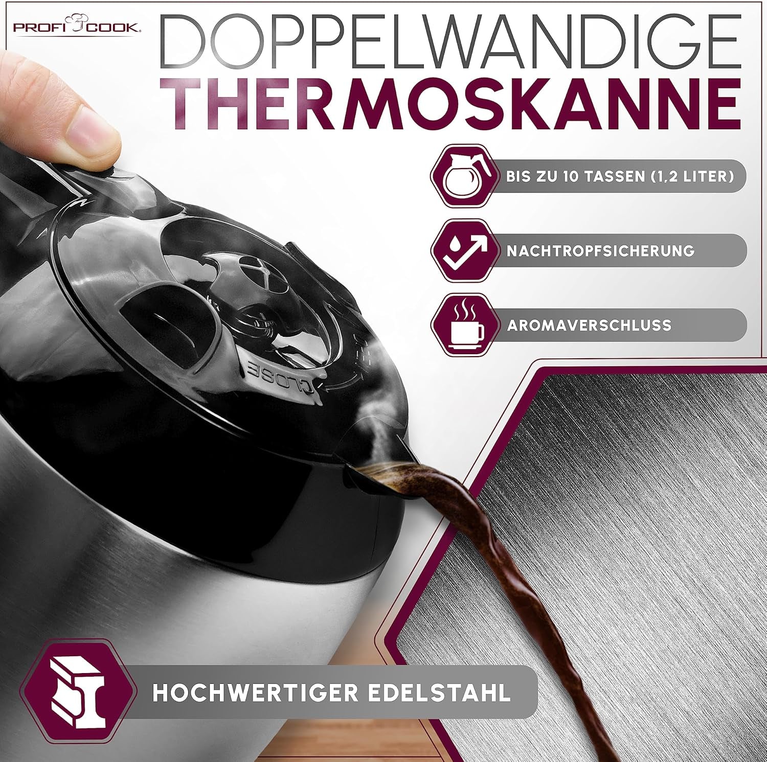 Koffiezetapparaat Profi Cook | 8-10 kopjes | Timer | Sensoraanraakbediening | Dubbelwandige thermoskaraf van 1,2 liter | Smaakzegel | RVS filterkoffiezetapparaat | PC-KA 1191
